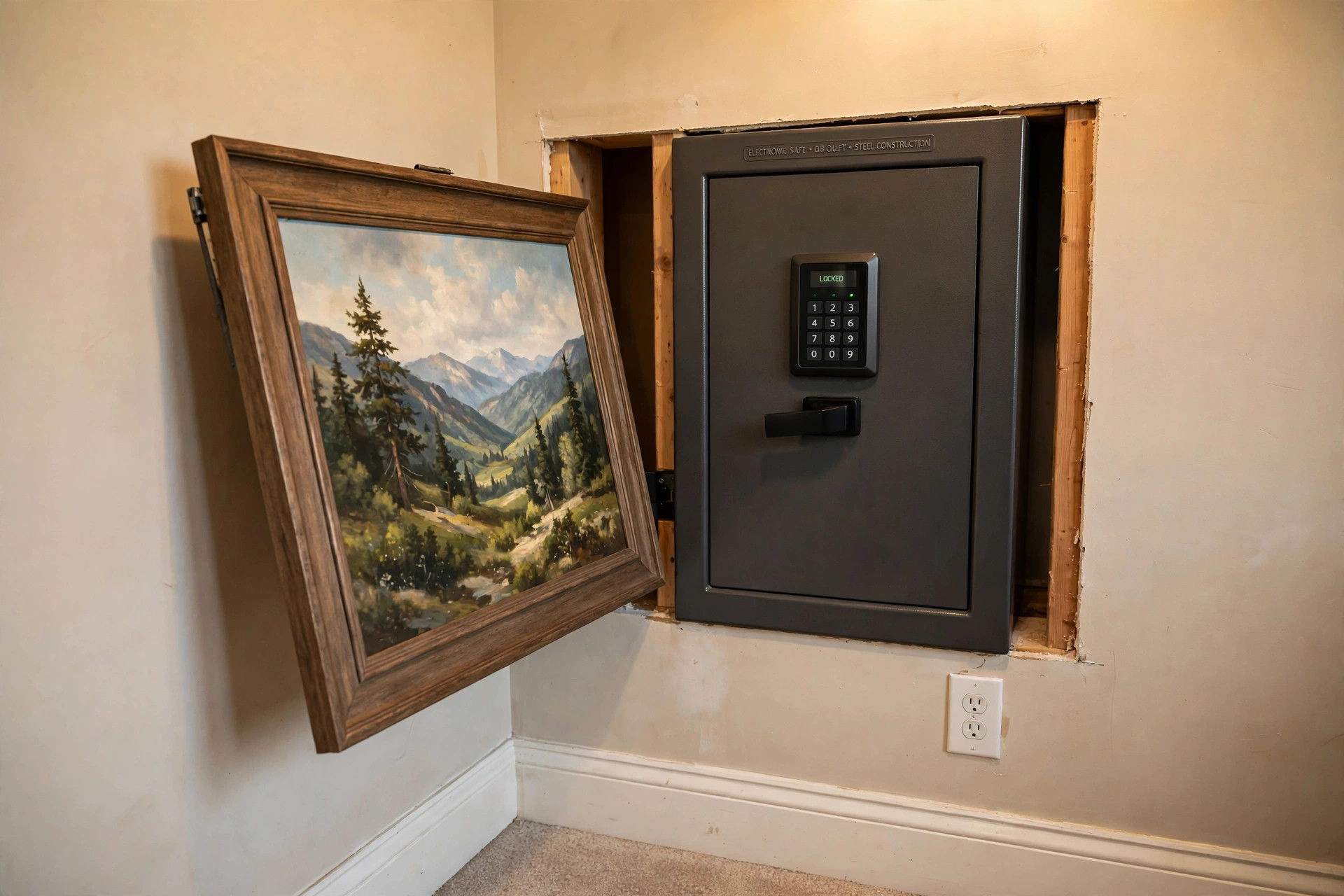 hidden wall safe installation cost usa: Hidden wall safe concealed behind a framed picture in an American home