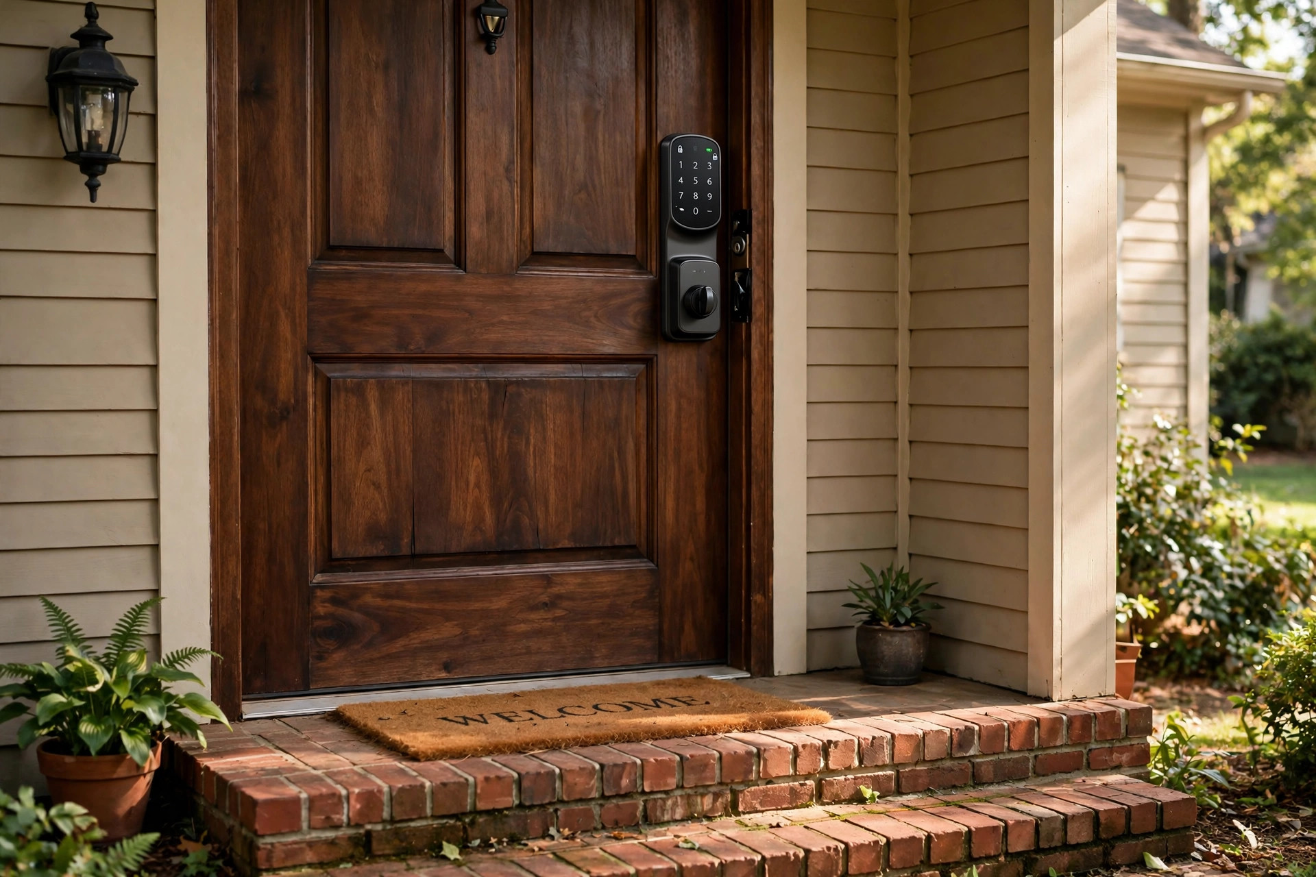 best smart lock for front door reviews usa: Smart deadbolt installed on an American front door