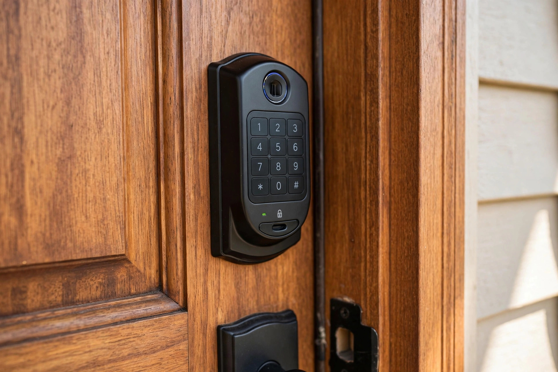 best fingerprint door lock reviews 2026 usa: A fingerprint door lock mounted on a front door of an American home