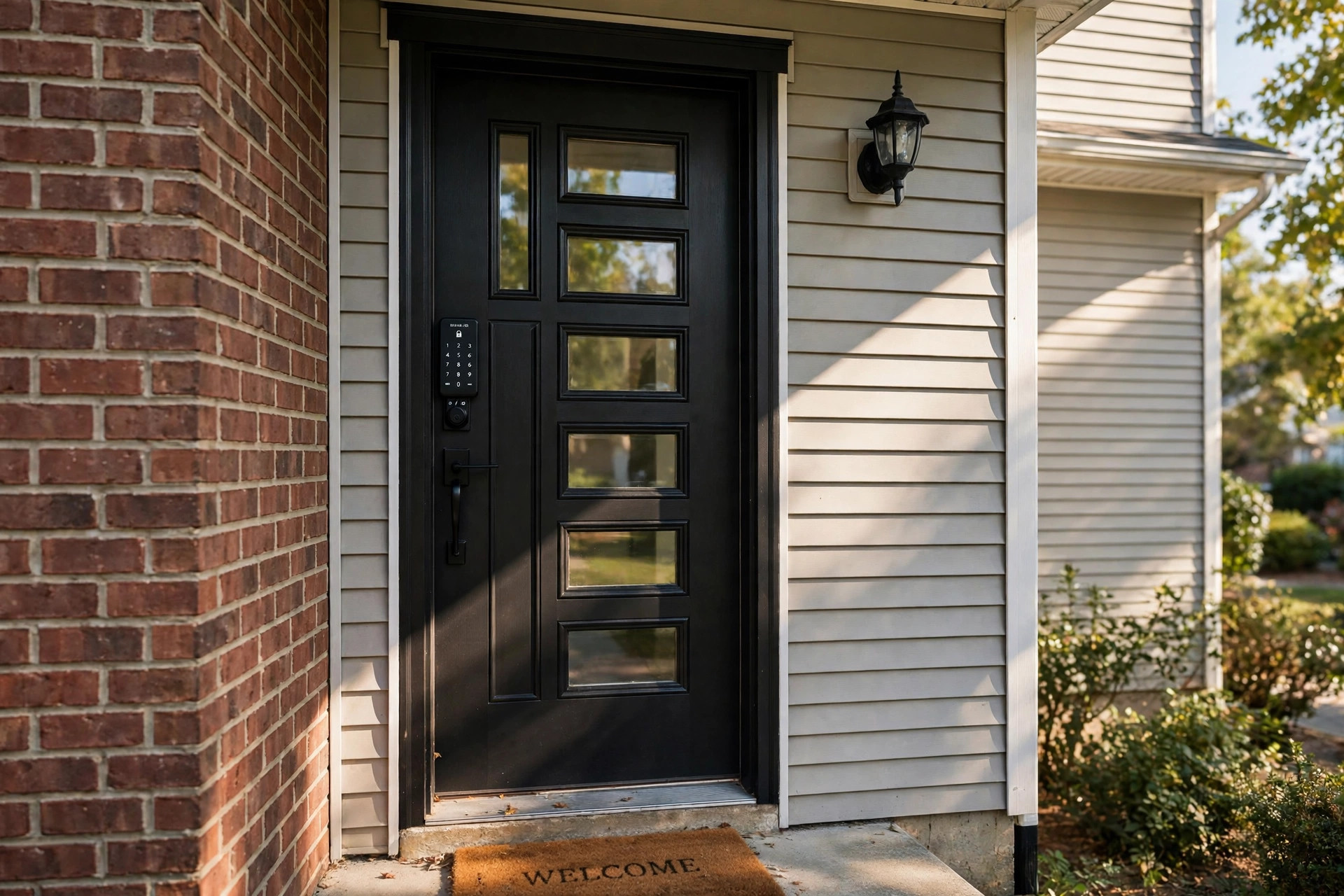best smart deadbolt for rental property usa: Front door with a smart deadbolt lock in a rental home