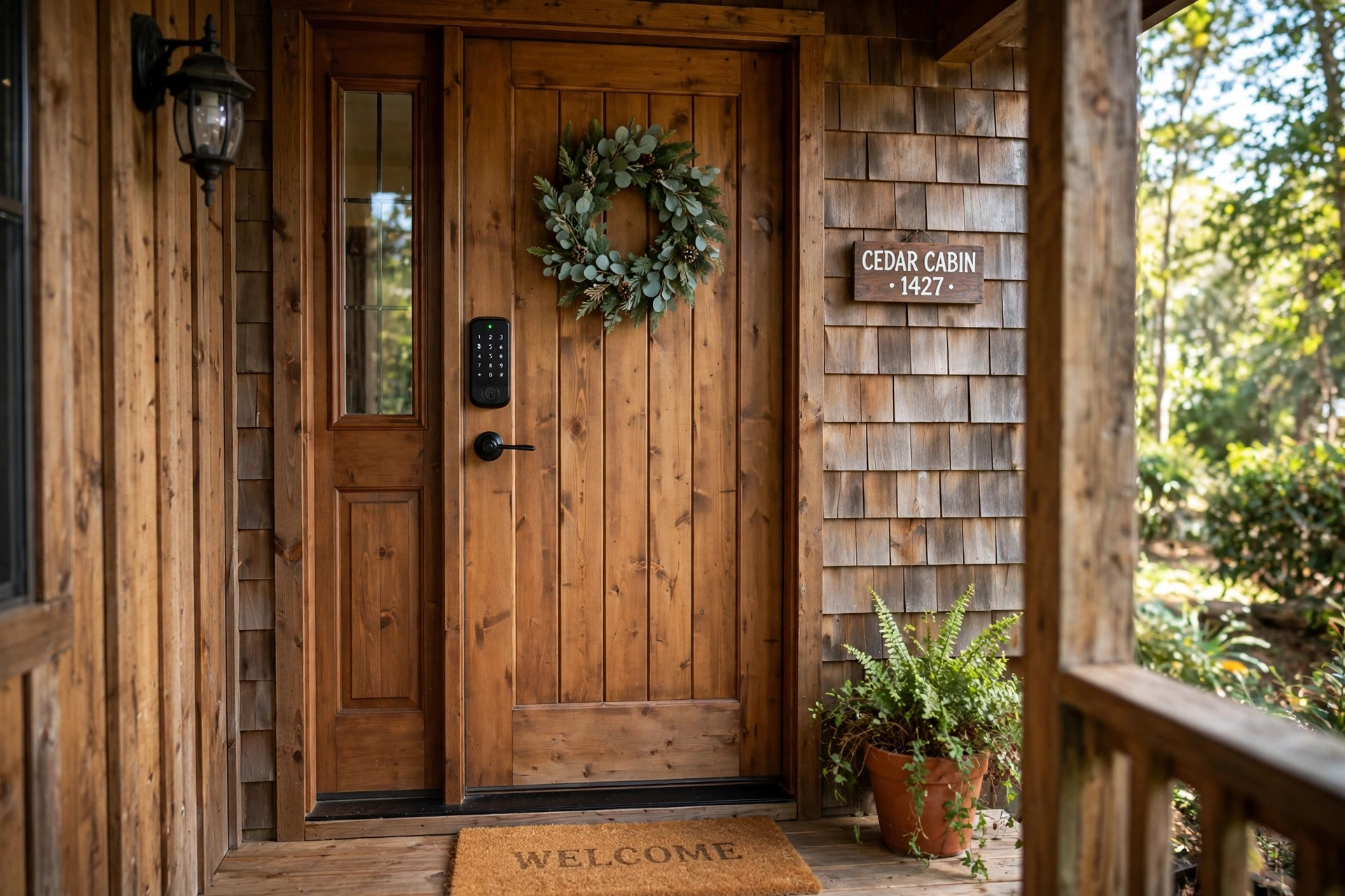 smart lock for airbnb remote access reviews: Smart lock installed on the front door of a vacation rental home