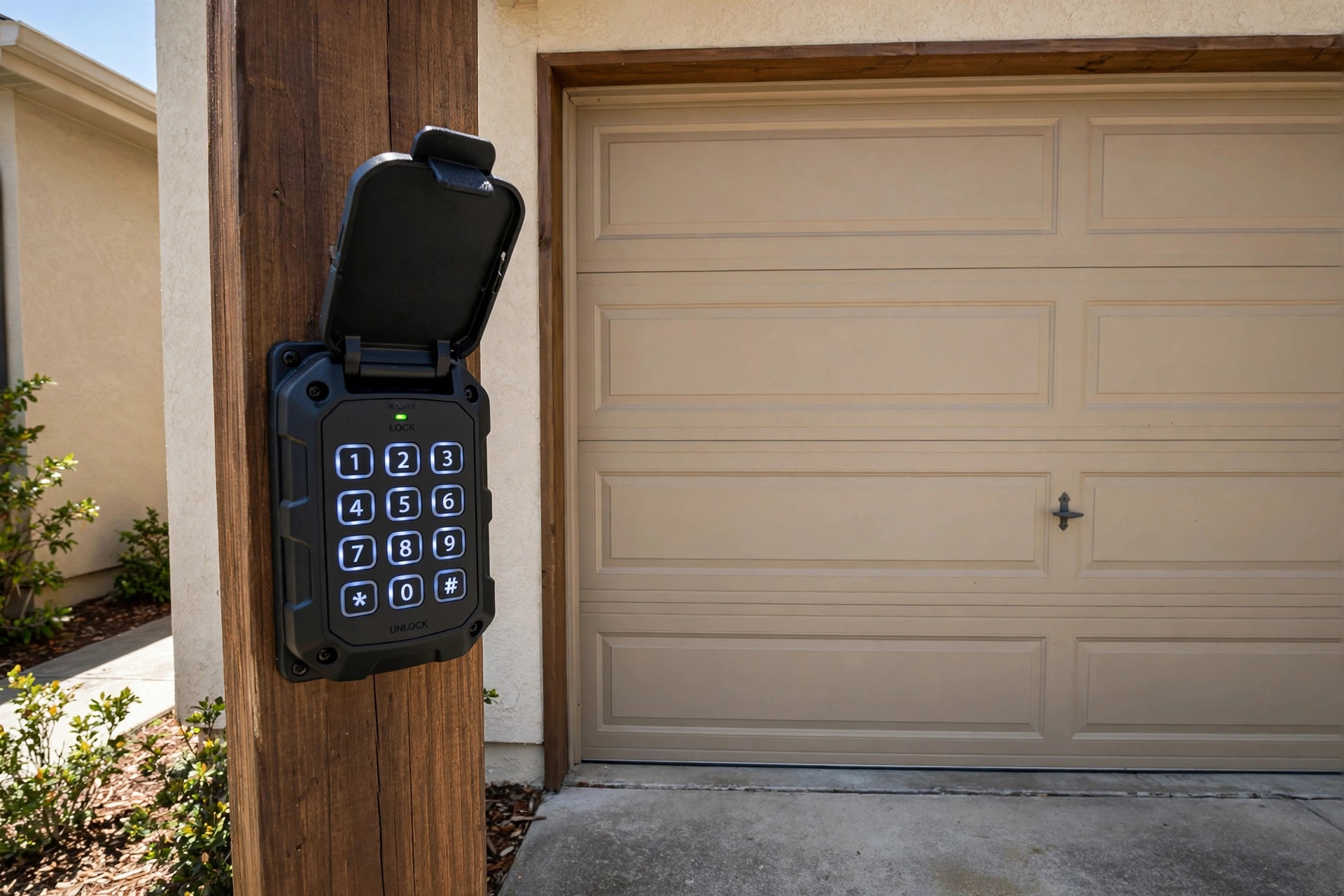 Best keypad lock for garage door USA mounted beside a residential garage door