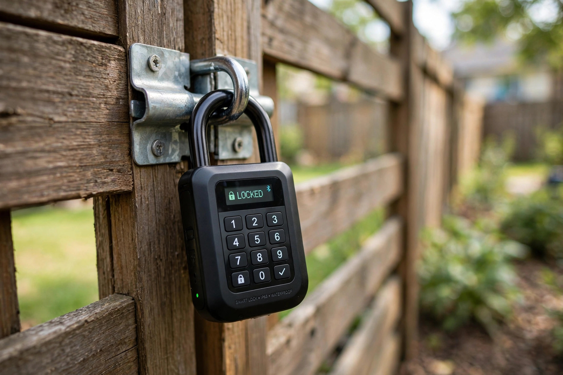 smart padlock for gate reviews 2026 usa: Smart padlock for gate on a metal fence latch in an American backyard