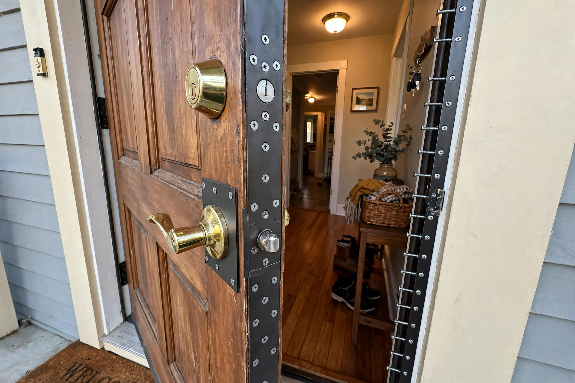 best door reinforcement kit reviews usa: Front door fitted with a steel door reinforcement kit, showing plates and long screws