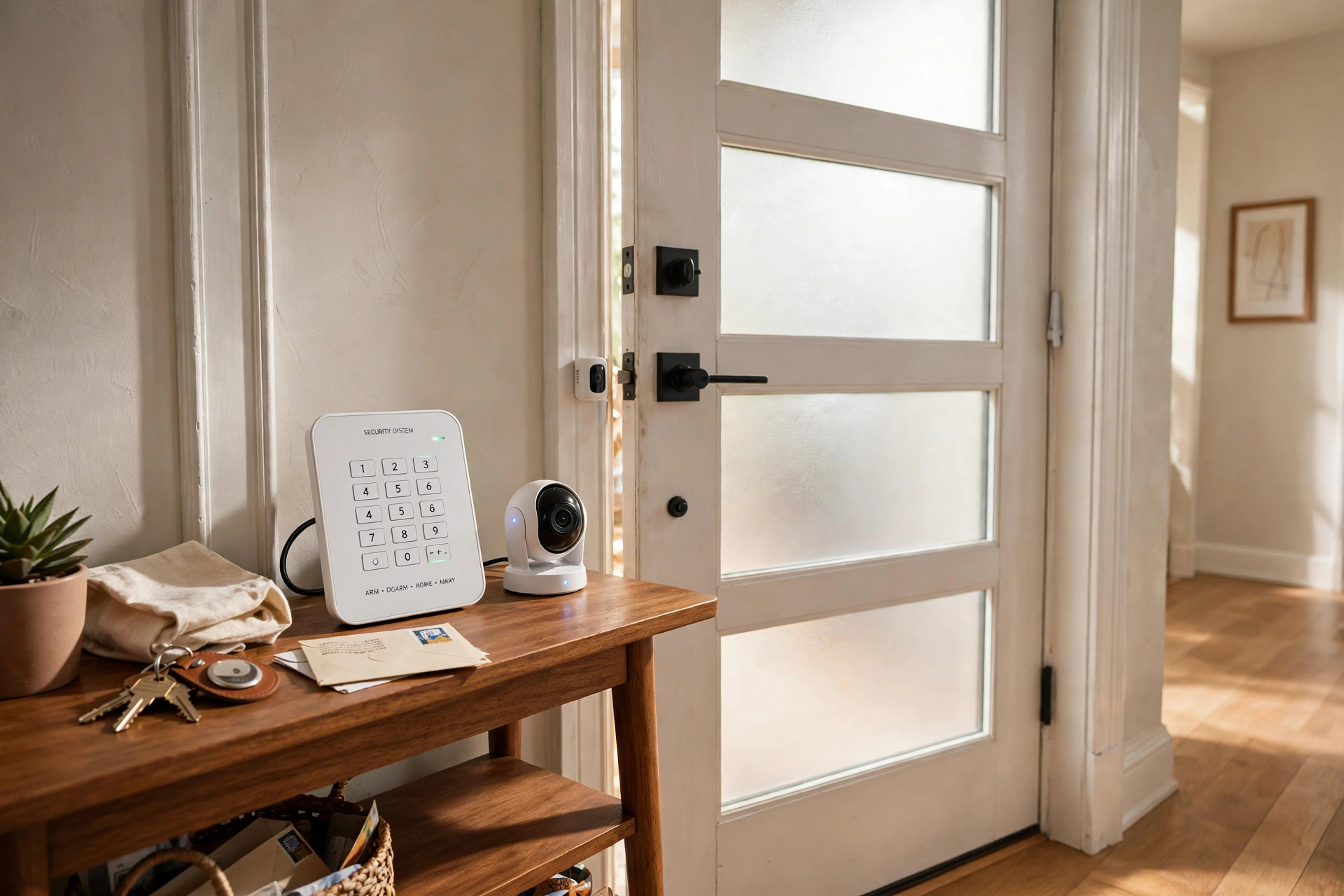 diy home security system reviews 2026 usa: DIY home security system with keypad and cameras in an American home
