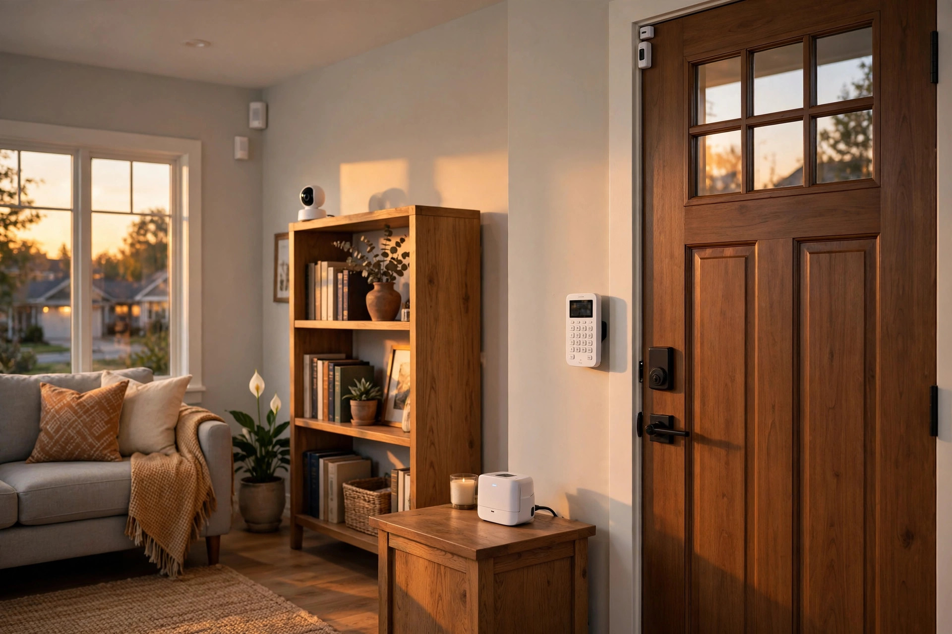 best professionally monitored security system usa: Professionally monitored home security system with keypad, cameras, and sensors in a modern American living room