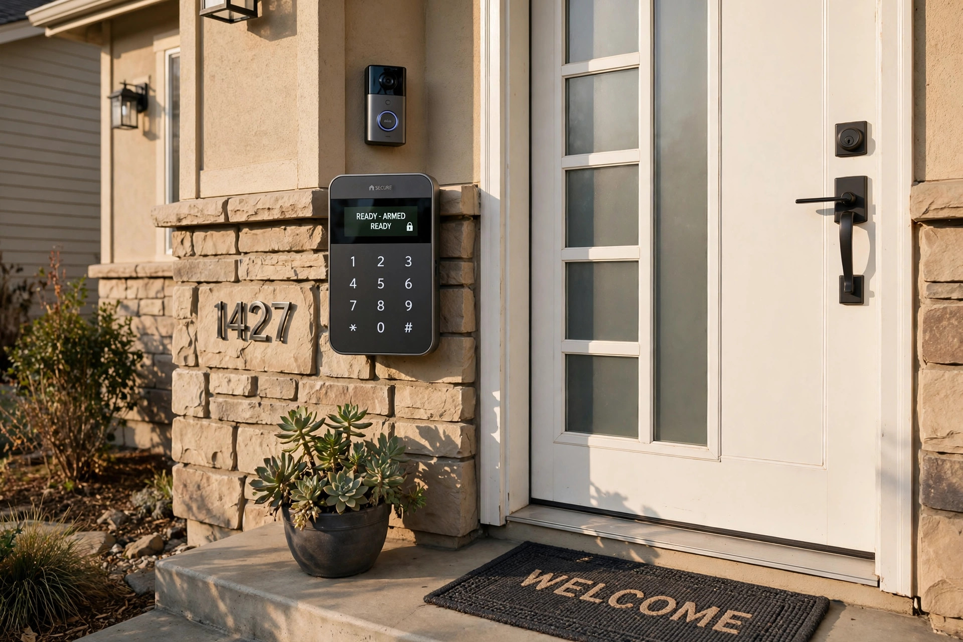 A home security panel and camera by the front door in a suburban home, vivint vs adt reviews for homeowners usa