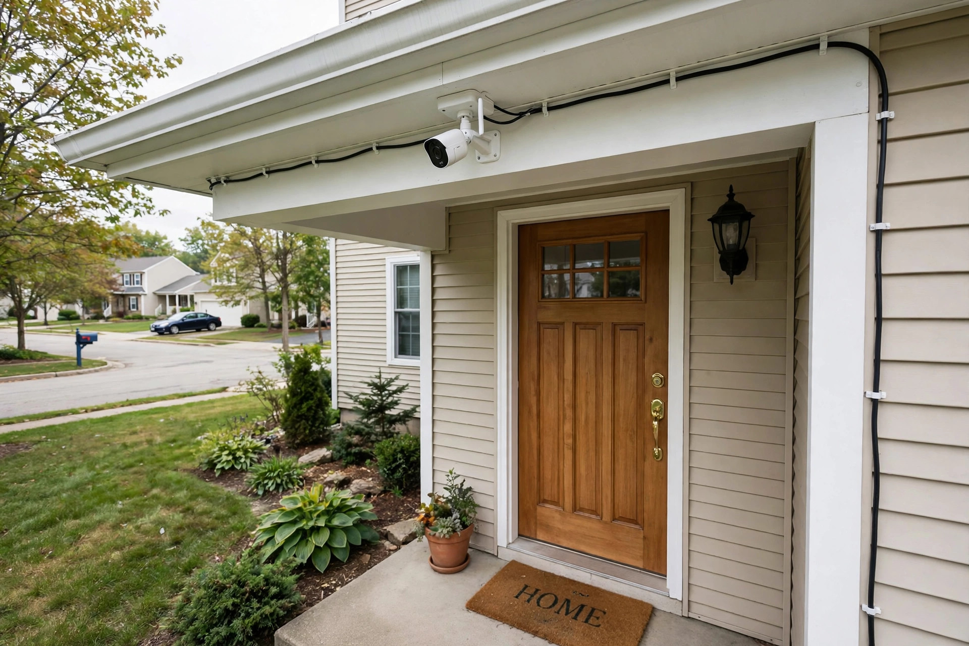 home security system installation cost usa: A professionally installed home security system camera mounted above the front door of a suburban American house