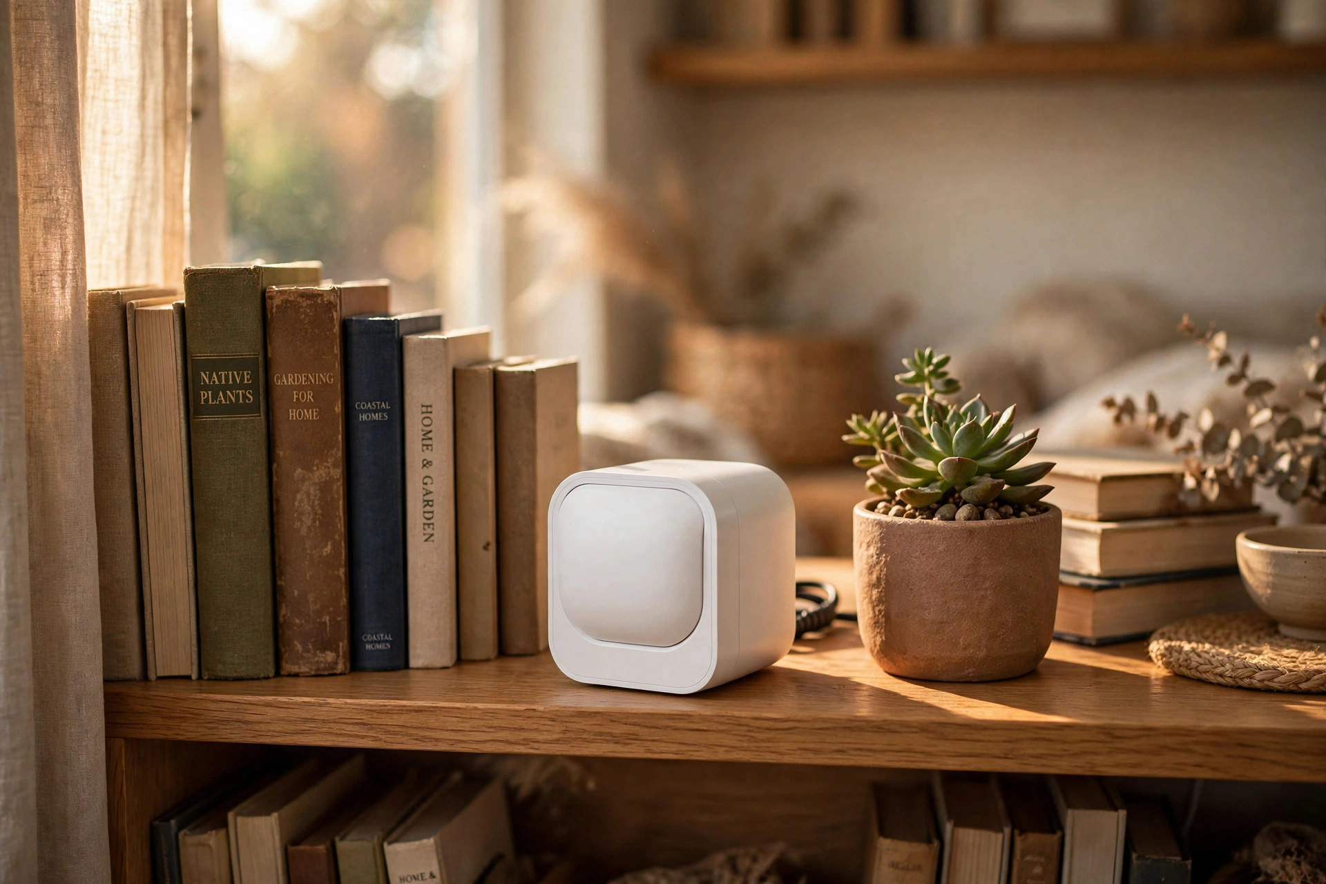 Best indoor security camera with privacy shutter on a bookshelf in a living room