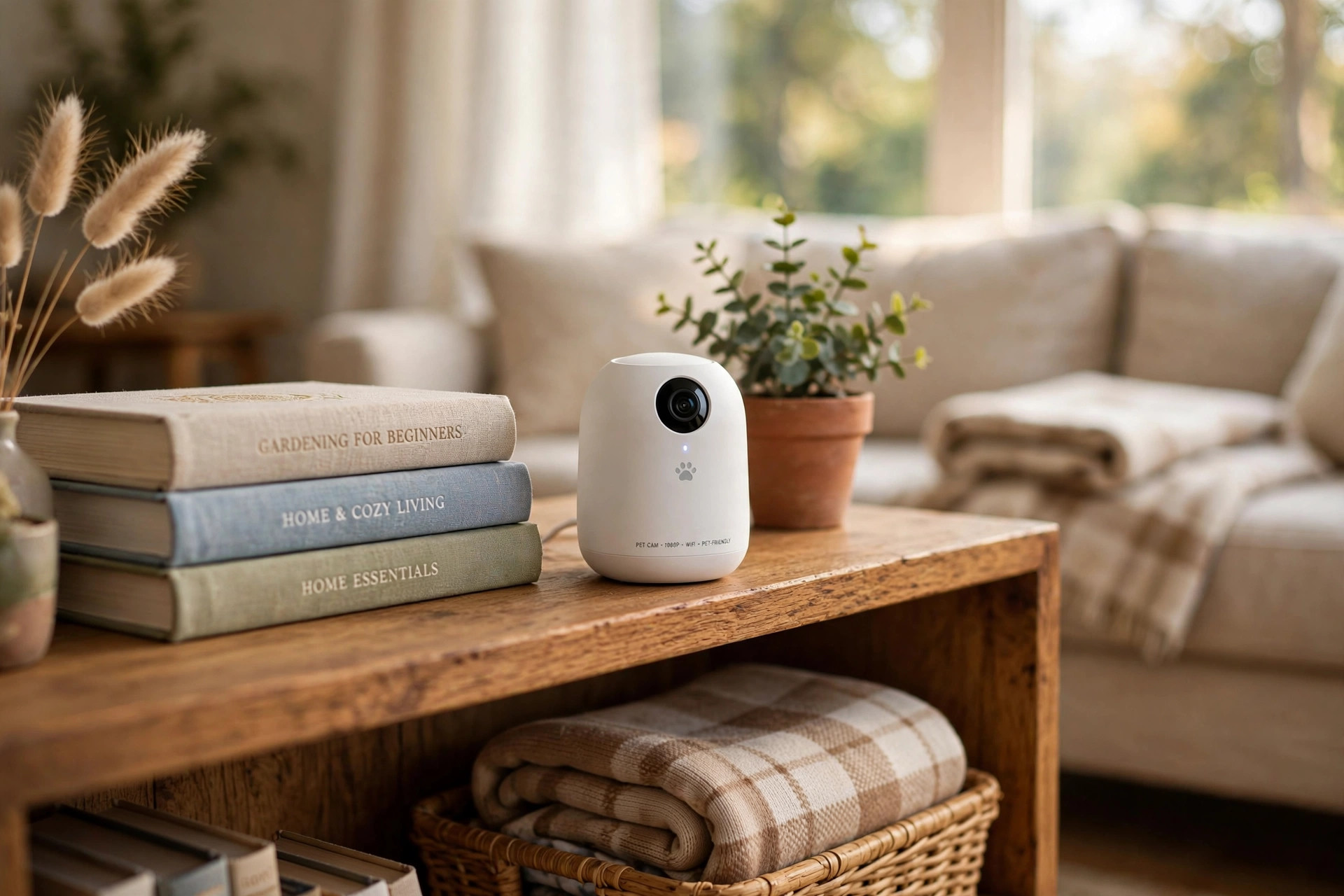 pet friendly indoor camera reviews 2026 usa: Pet friendly indoor camera on a living room shelf