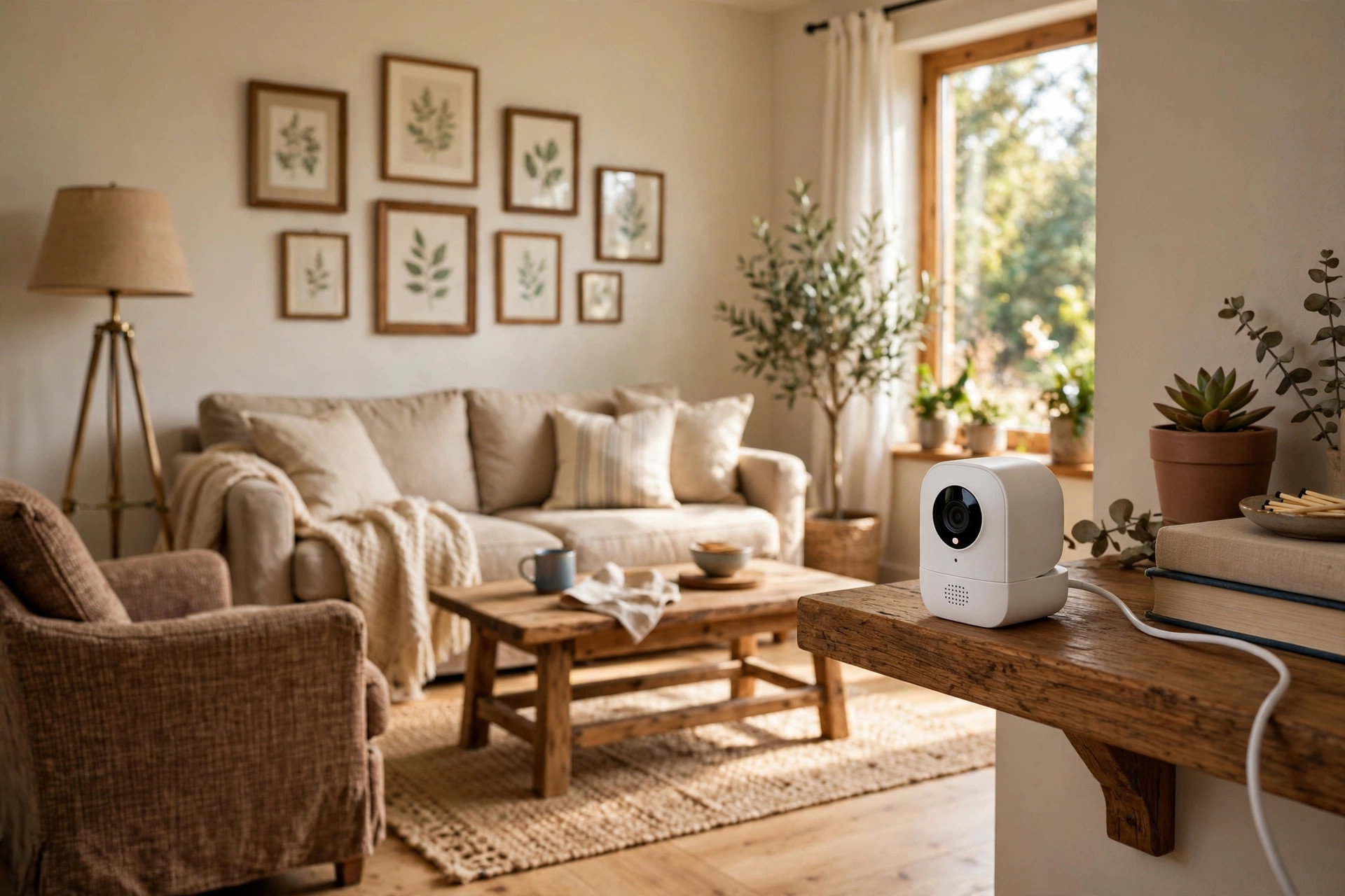 Elderly monitoring camera for home reviews USA: indoor camera on a living room shelf