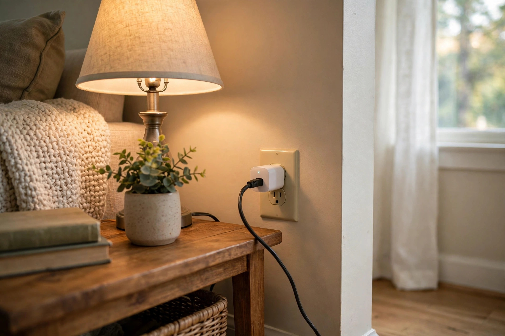 best matter compatible smart plug reviews usa: A smart plug with energy monitoring plugged into a wall outlet in a living room