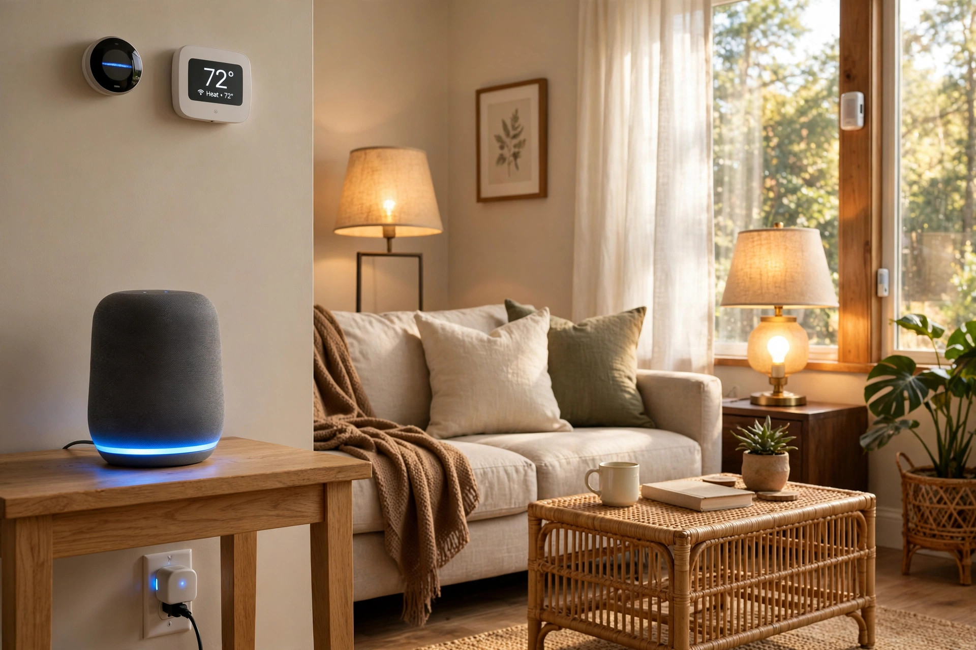 thread vs zigbee smart home comparison usa: Smart home devices connected by Thread and Zigbee wireless networks in an American living room