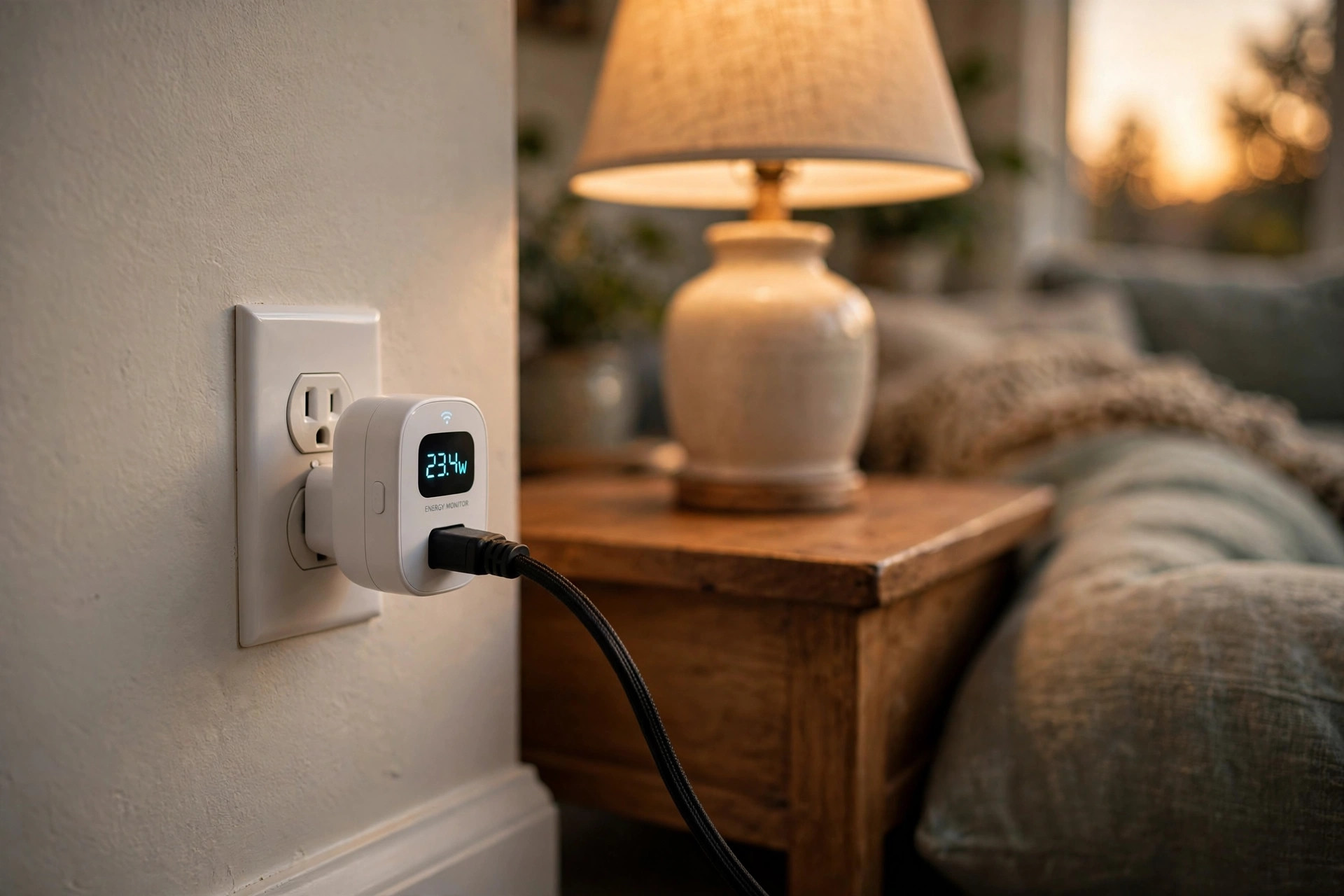 best smart plug with energy monitoring usa: A smart plug with energy monitoring inserted in a living room wall outlet in an American home