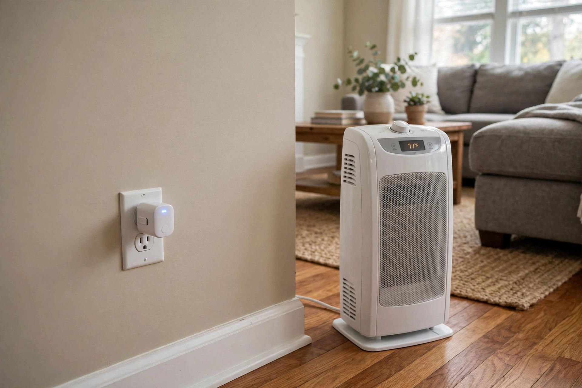 smart plug for space heater safety reviews: A smart plug plugged into a wall outlet near a space heater in a living room, no people