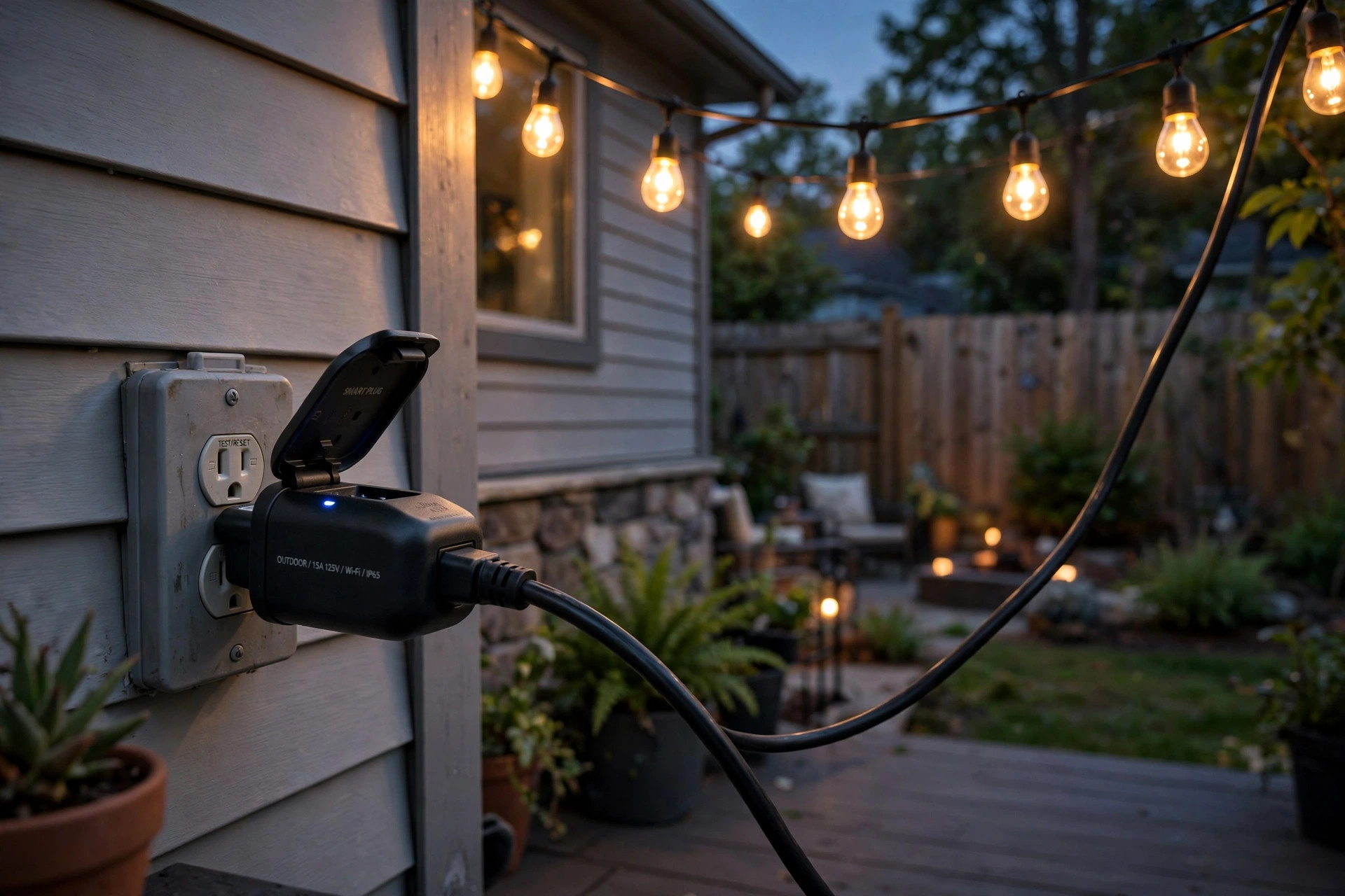 best outdoor smart plug reviews 2026 usa: Outdoor smart plug on a patio outlet at dusk in an American backyard