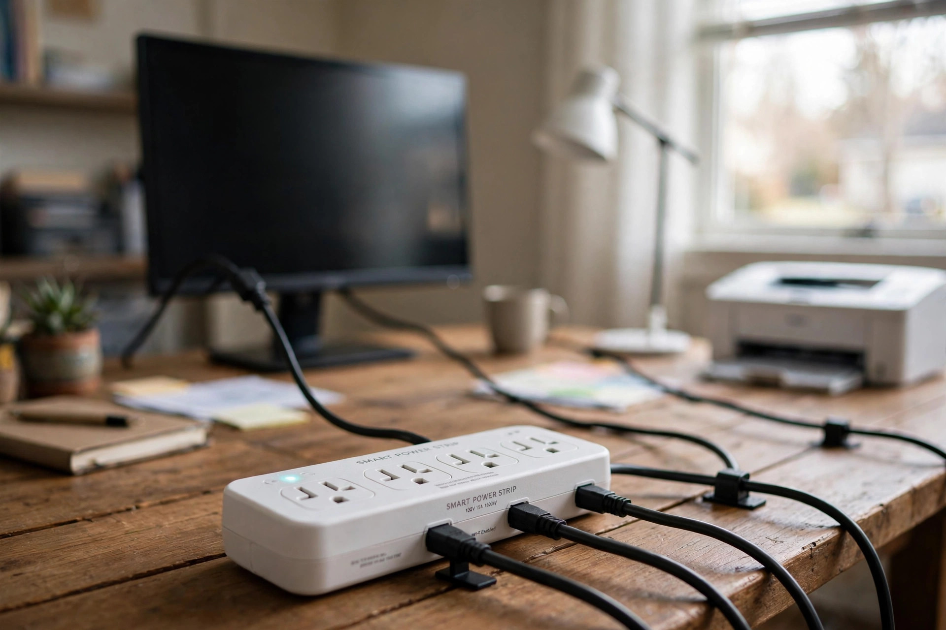smart power strip for home office reviews usa: A smart power strip for home office use on a wooden desk with cables, USA