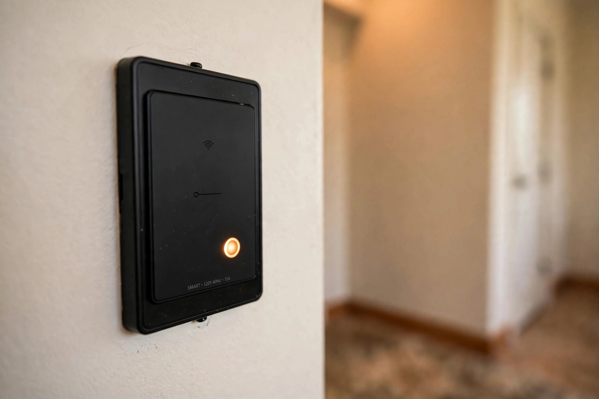 3 way smart switch installation guide usa: A smart light switch installed on a wall in a modern American hallway, no people