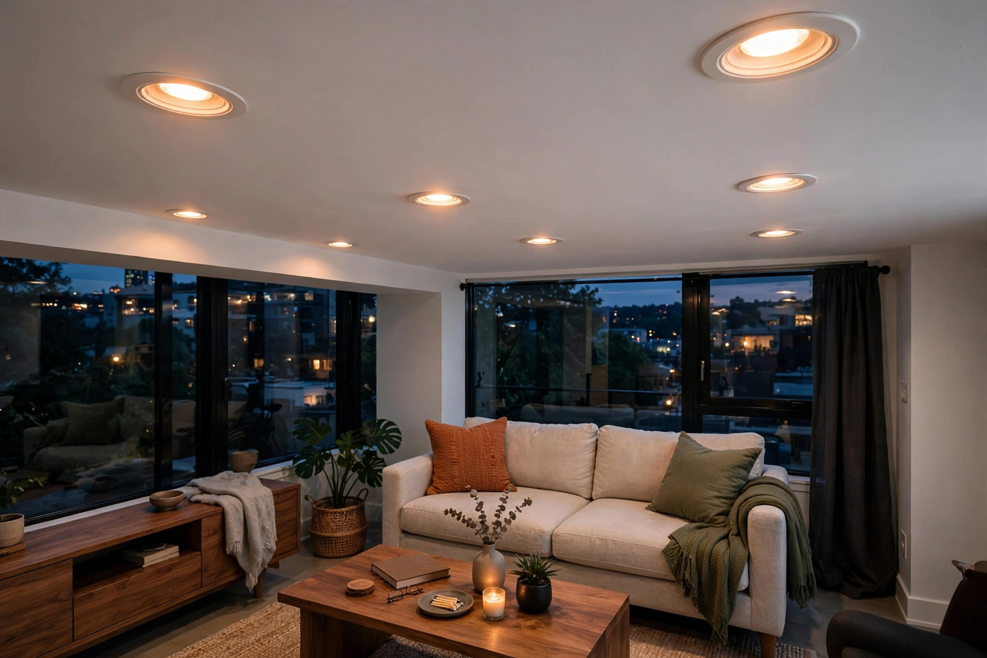 best smart bulbs for recessed lighting usa: Best smart bulbs for recessed lighting in a modern American living room ceiling