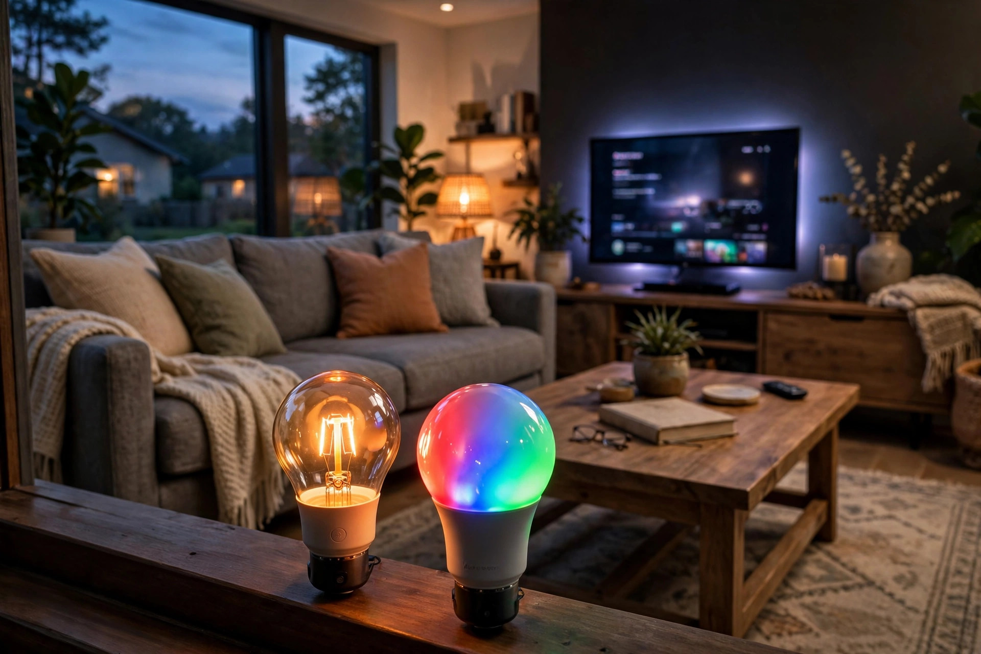 Philips Hue vs LIFX comparison 2026 USA smart bulbs glowing in a living room