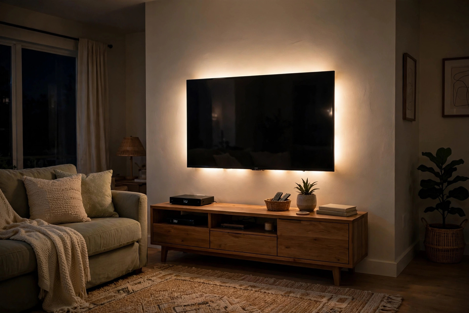best smart light strips for tv reviews usa: Smart LED light strip glowing behind a television for bias lighting in a living room