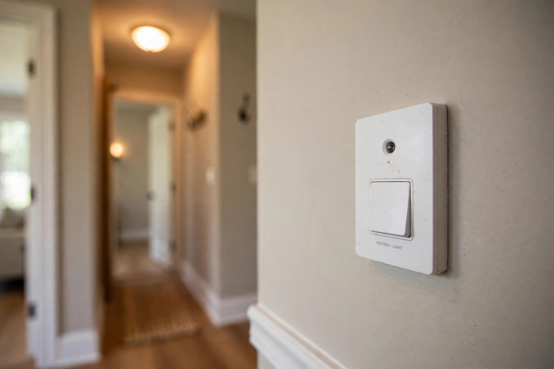 best motion sensor light switch reviews usa: Motion sensor light switch on a wall in an American home