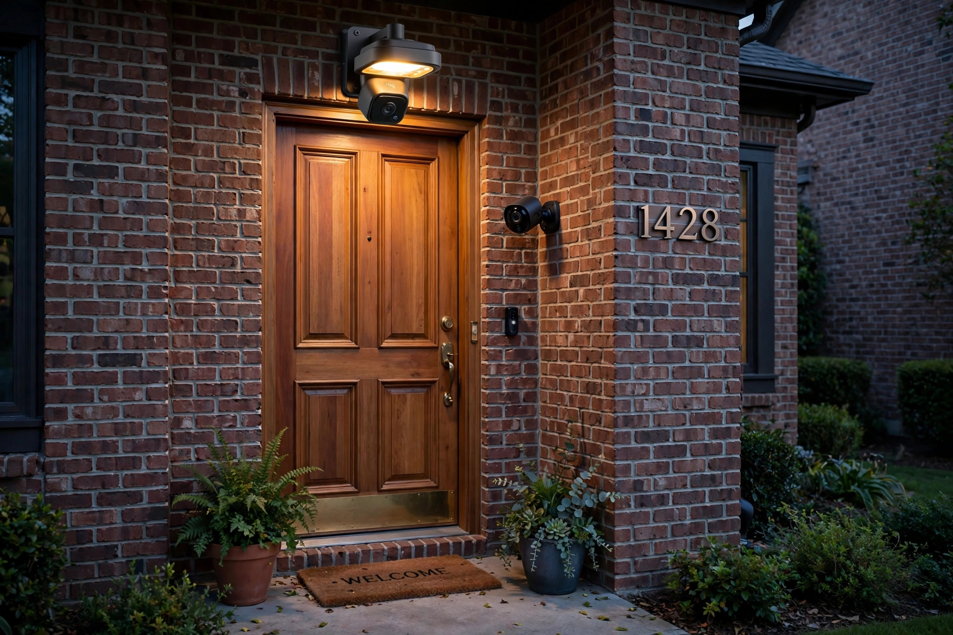 smart porch light with camera reviews usa: Smart porch light with camera on a brick home entrance in the USA