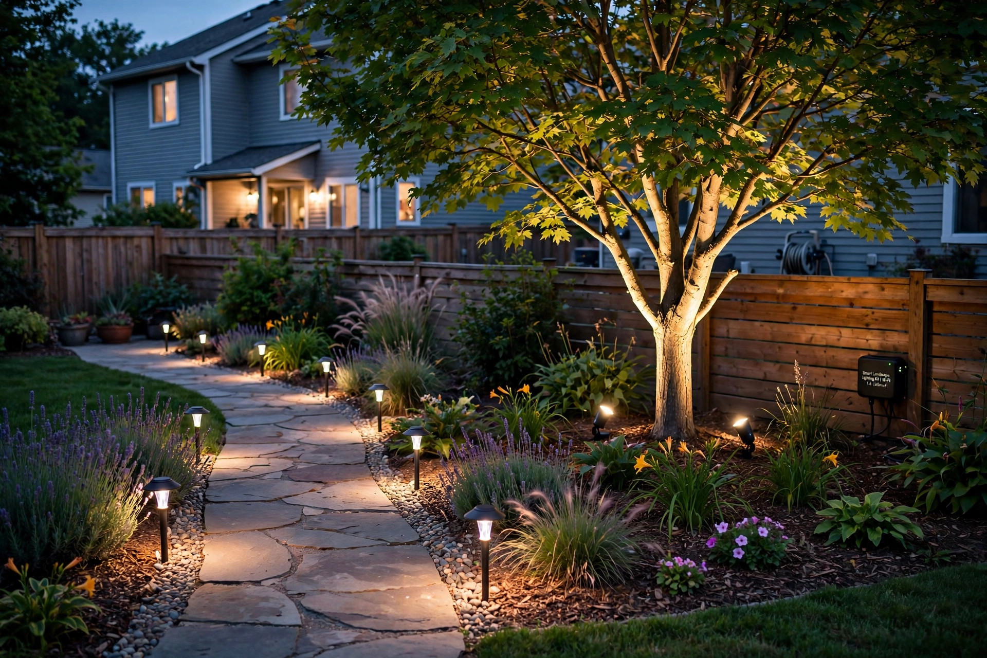 smart landscape lighting kit reviews usa: Smart landscape lighting kit glowing along a garden path in an American backyard at dusk