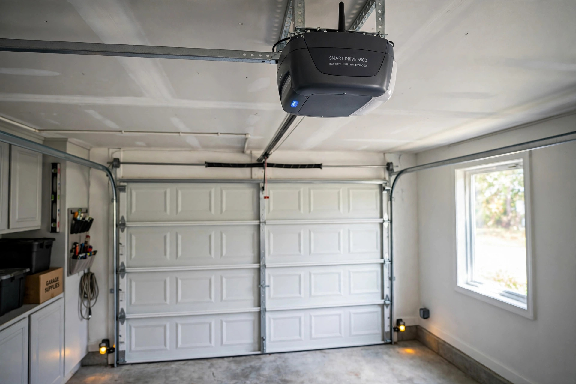 best smart garage door opener reviews usa: A smart garage door opener motor unit mounted on a garage ceiling