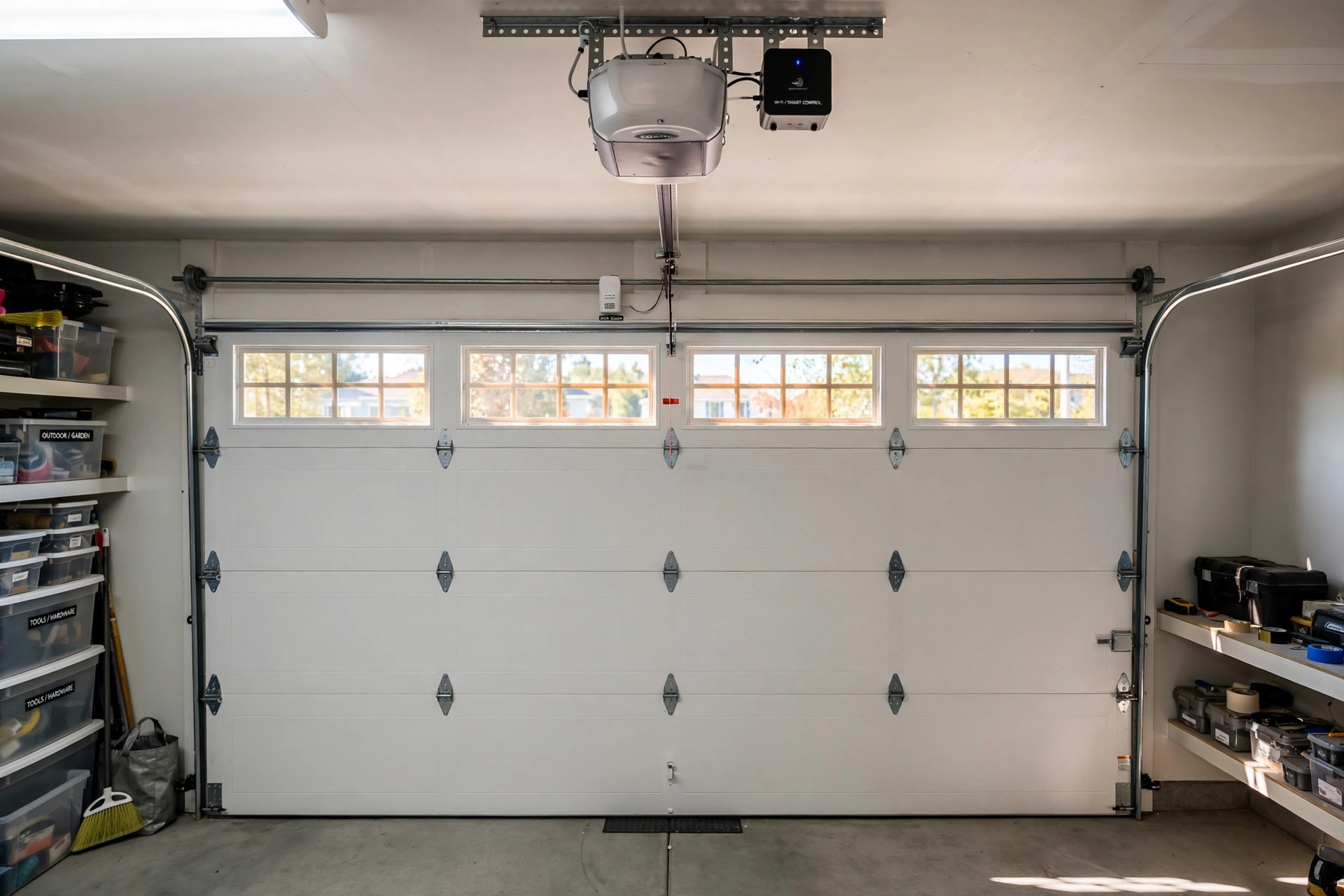 Smart garage door opener installed above a two-car garage in a suburban American home, showing the myq vs tailwind garage opener comparison usa topic