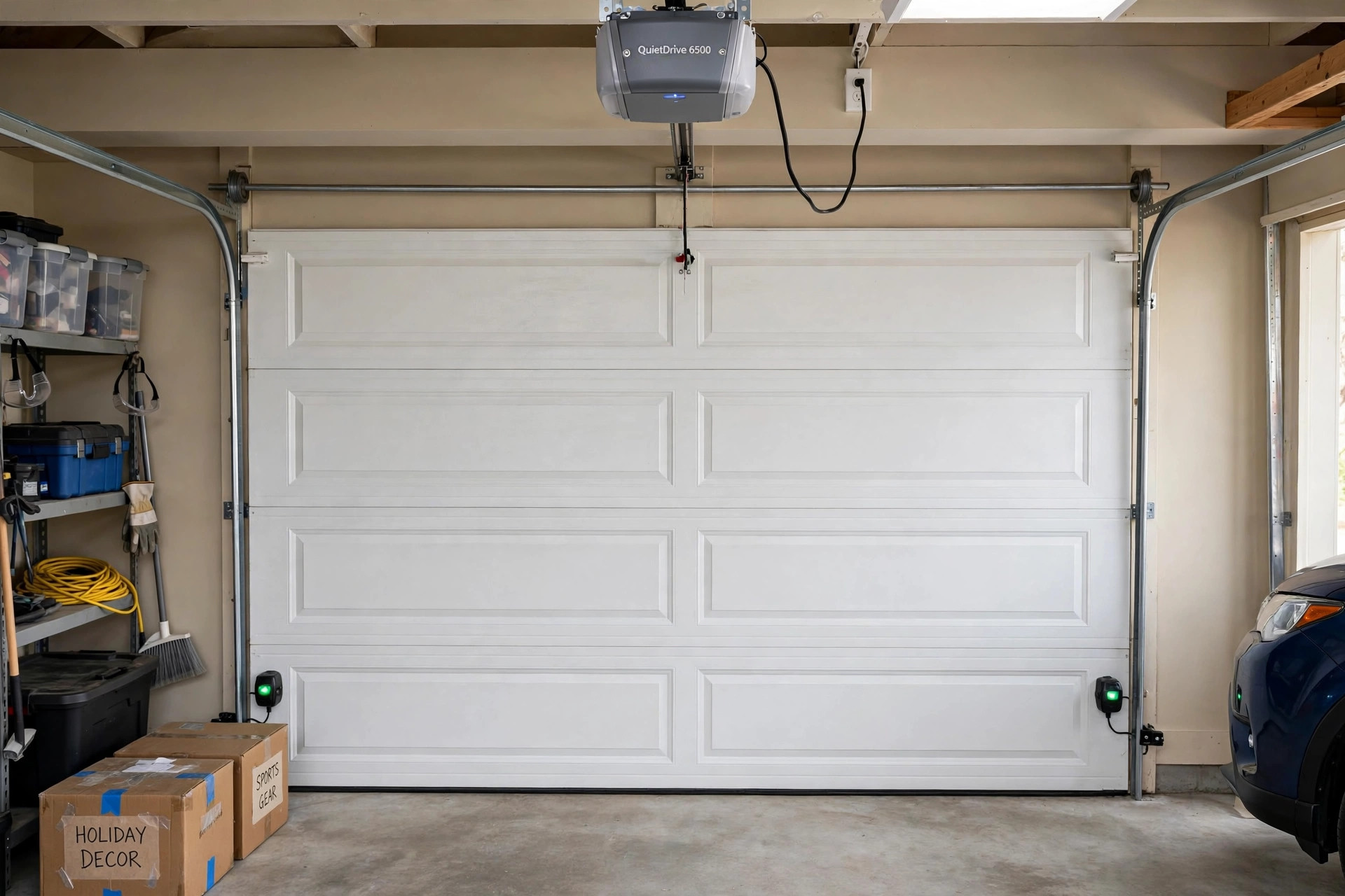 garage door opener installation cost near me: A newly installed garage door opener mounted above a closed garage door in an American home