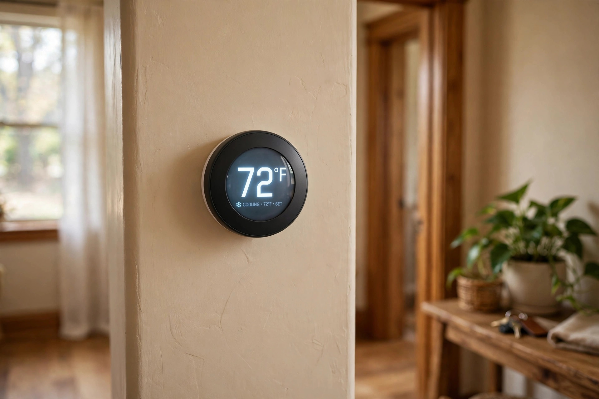 best learning thermostat for seniors usa: Learning thermostat with a large display mounted on a wall in a warm American home hallway