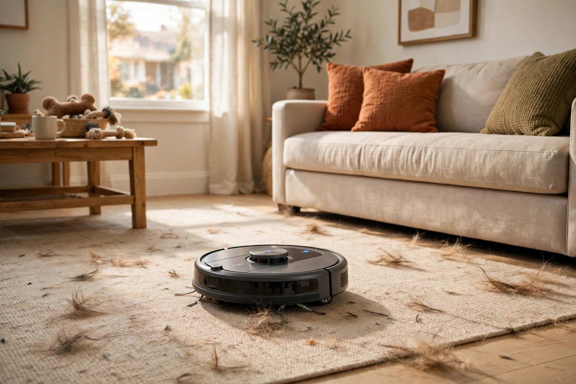 best robot vacuum for pet hair 2026 usa: A robot vacuum cleaning pet hair from a living room rug