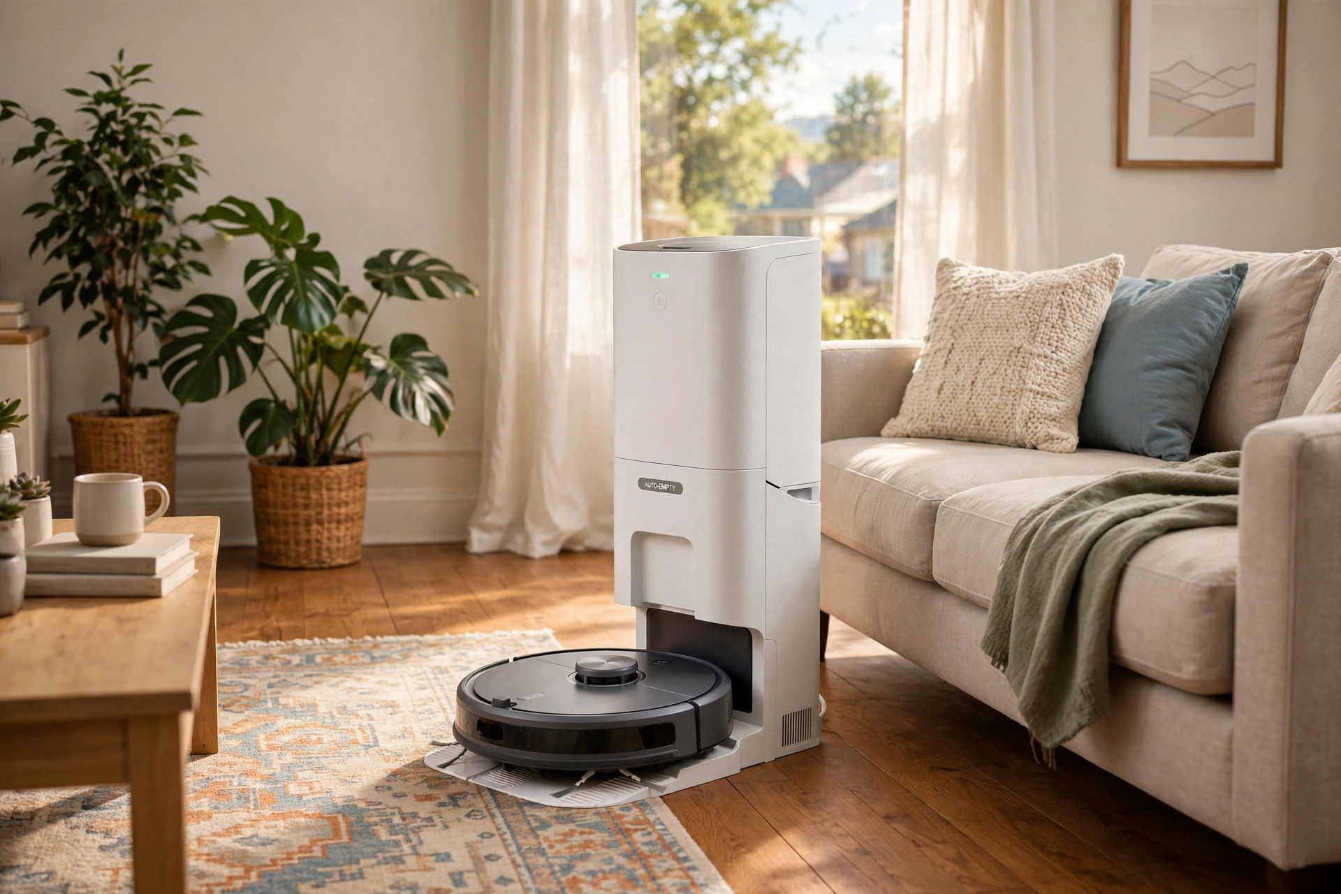 best self emptying robot vacuum reviews usa: Self emptying robot vacuum docked at its base station in a living room