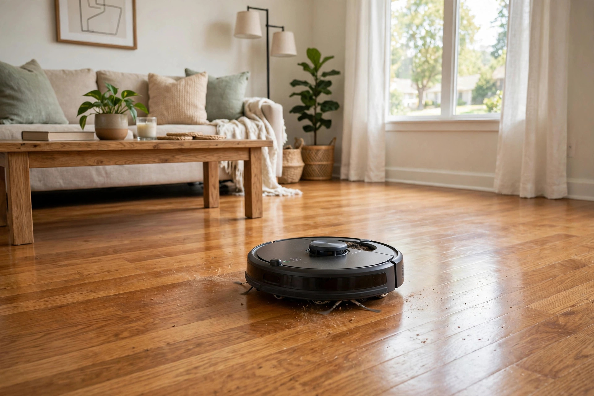 robot vacuum for hardwood floors reviews usa: Robot vacuum cleaning hardwood floors in a living room