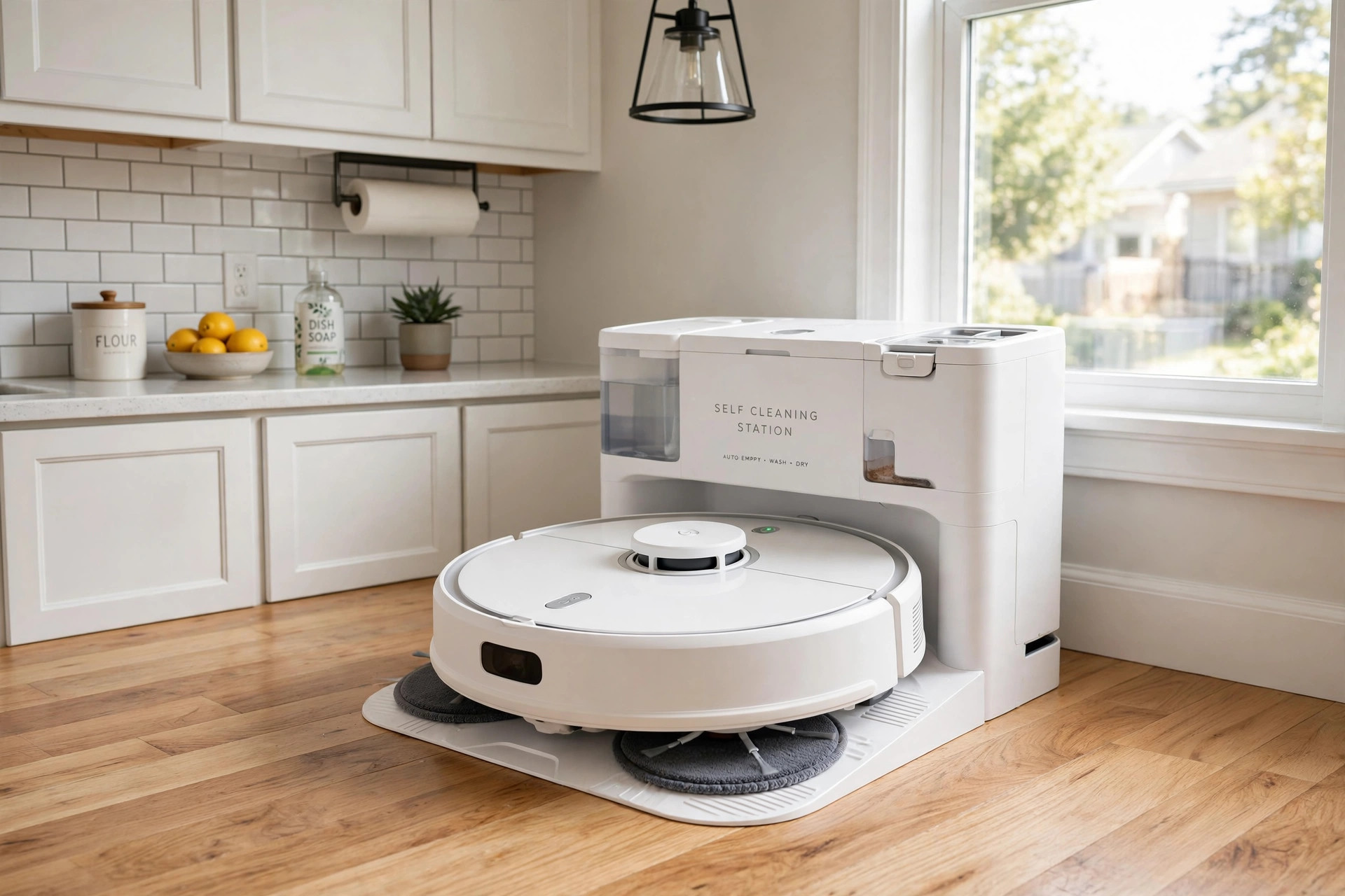 best robot mop combo reviews 2026 usa: A robot vacuum and mop combo at its charging dock in an American kitchen