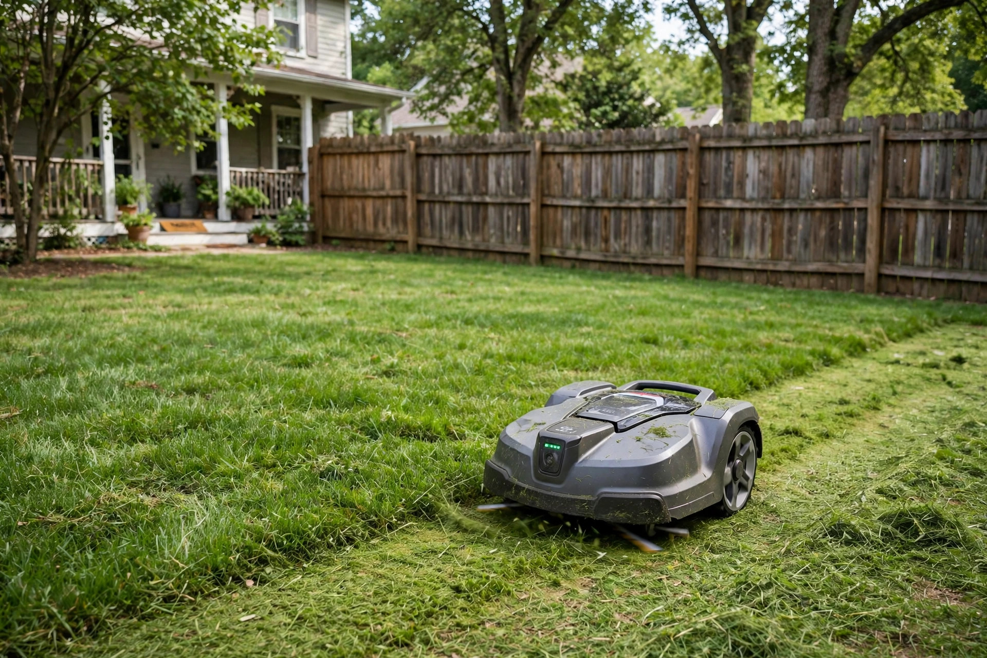 Robot lawn mower cutting grass in a suburban American backyard — robot lawn mower reviews for usa yards