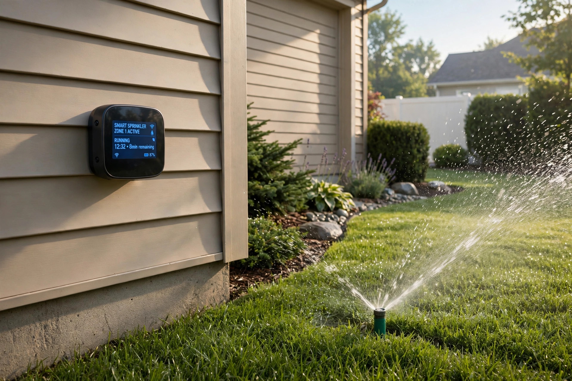 smart sprinkler controller reviews 2026 usa: Smart sprinkler controller mounted on a garage wall beside a green lawn