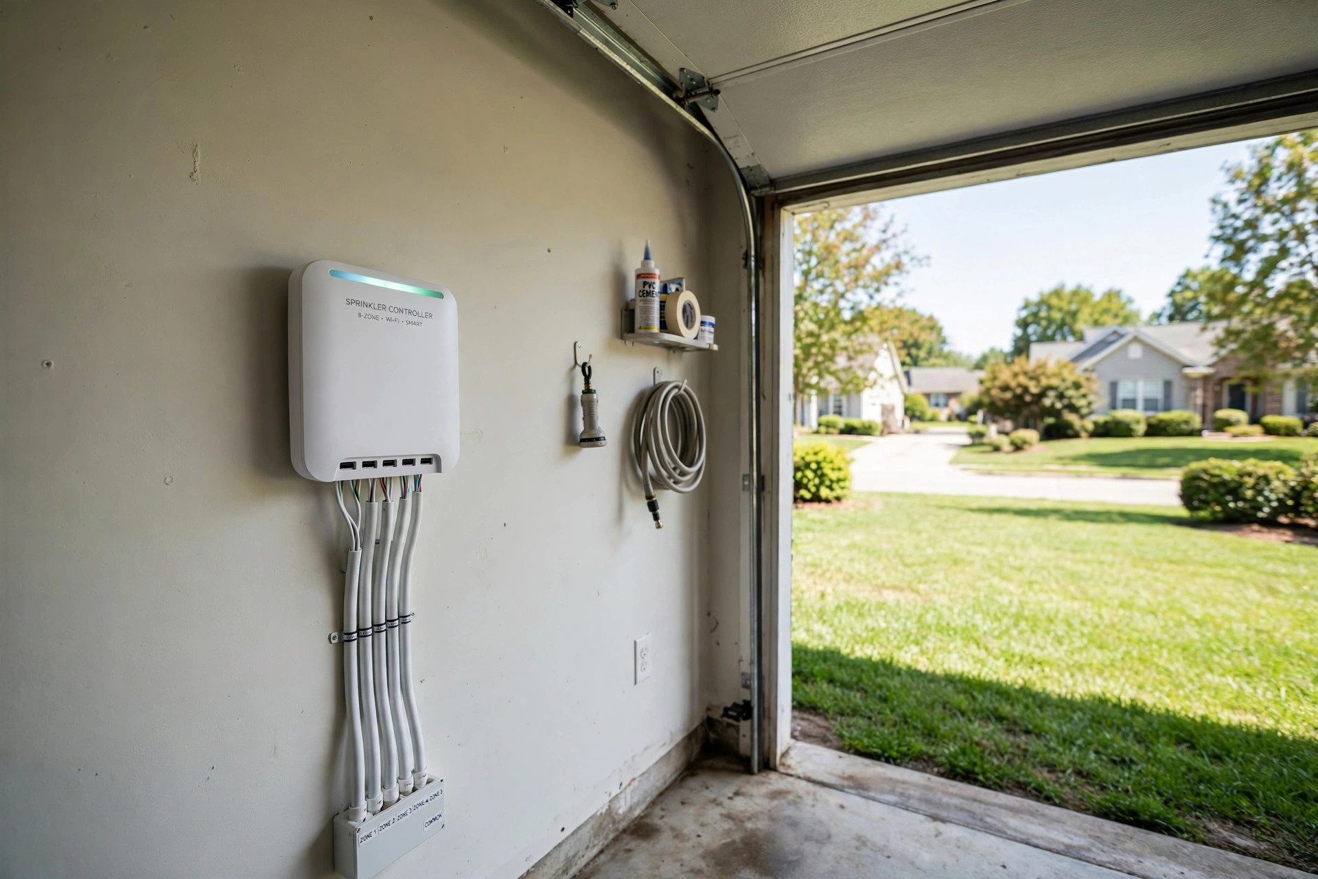 rachio vs orbit bhyve comparison 2026 usa: Smart sprinkler controller on a garage wall beside a green American lawn