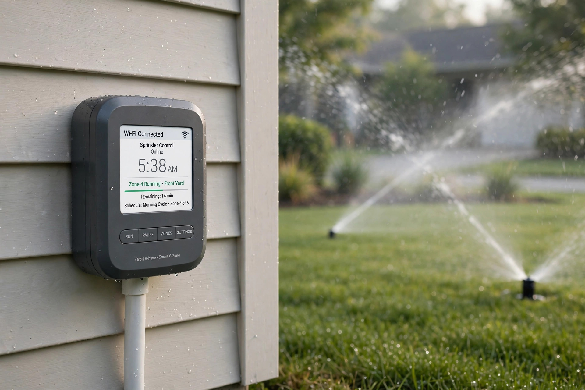 best wifi sprinkler timer reviews 2026 usa: A WiFi sprinkler timer mounted on the side of an American home