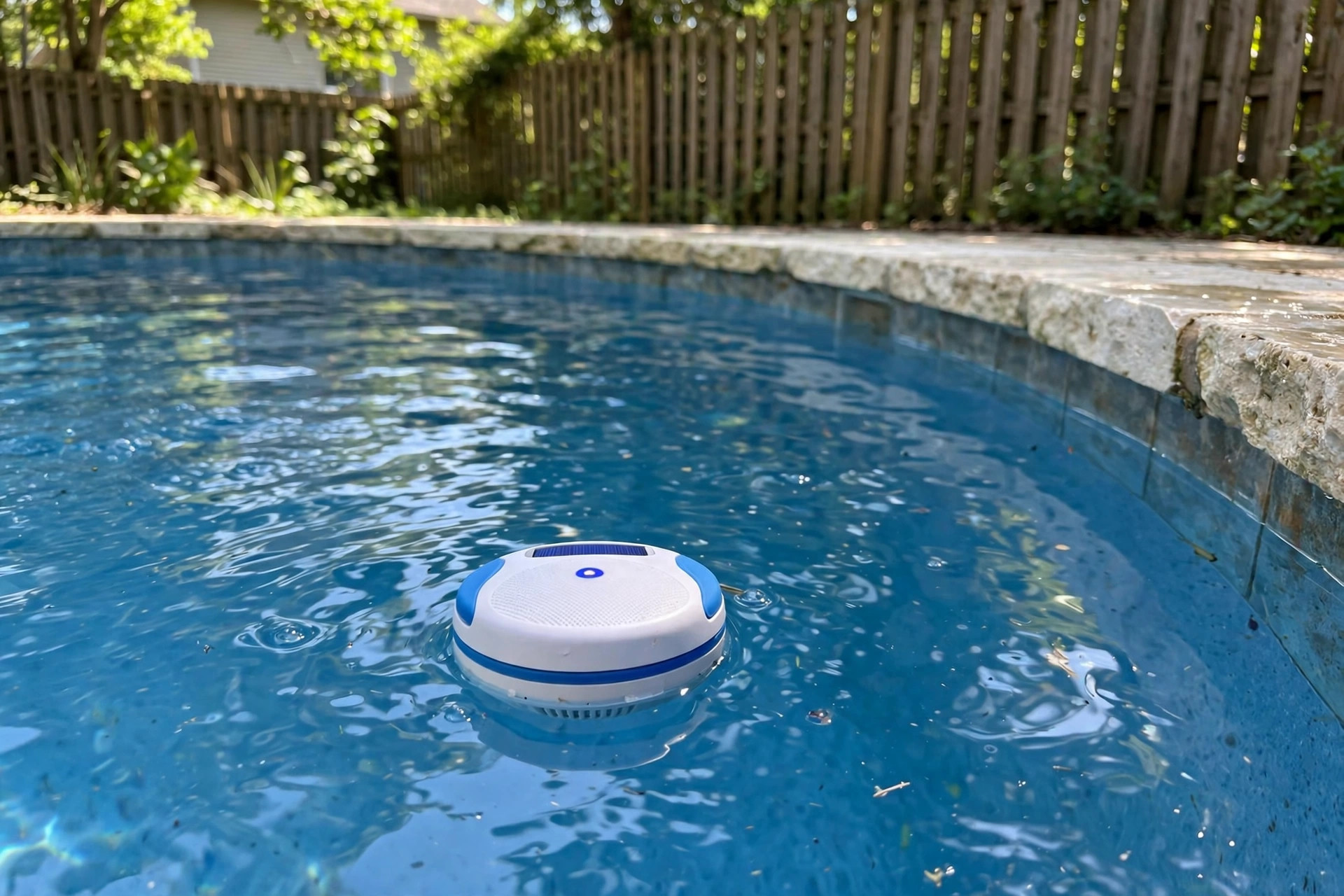 smart pool monitor reviews for homeowners usa: A smart pool monitor floating in a backyard swimming pool in an American home
