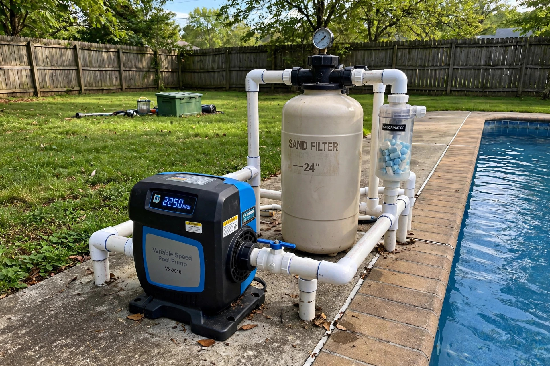 smart pool pump with app control reviews usa: A variable-speed smart pool pump with app control beside a backyard swimming pool