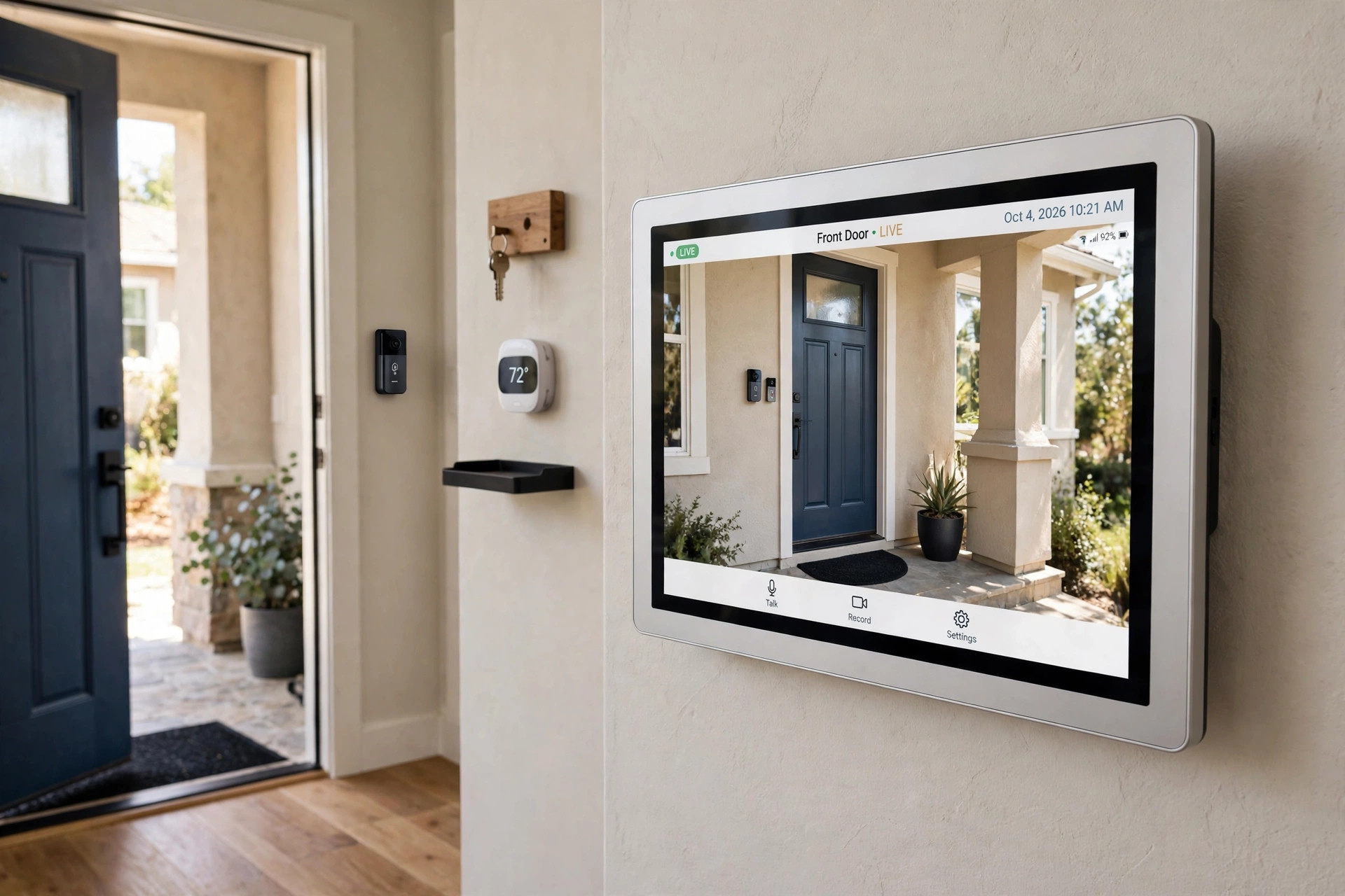Best video intercom system for home usa shown as a wall-mounted monitor in an American entryway