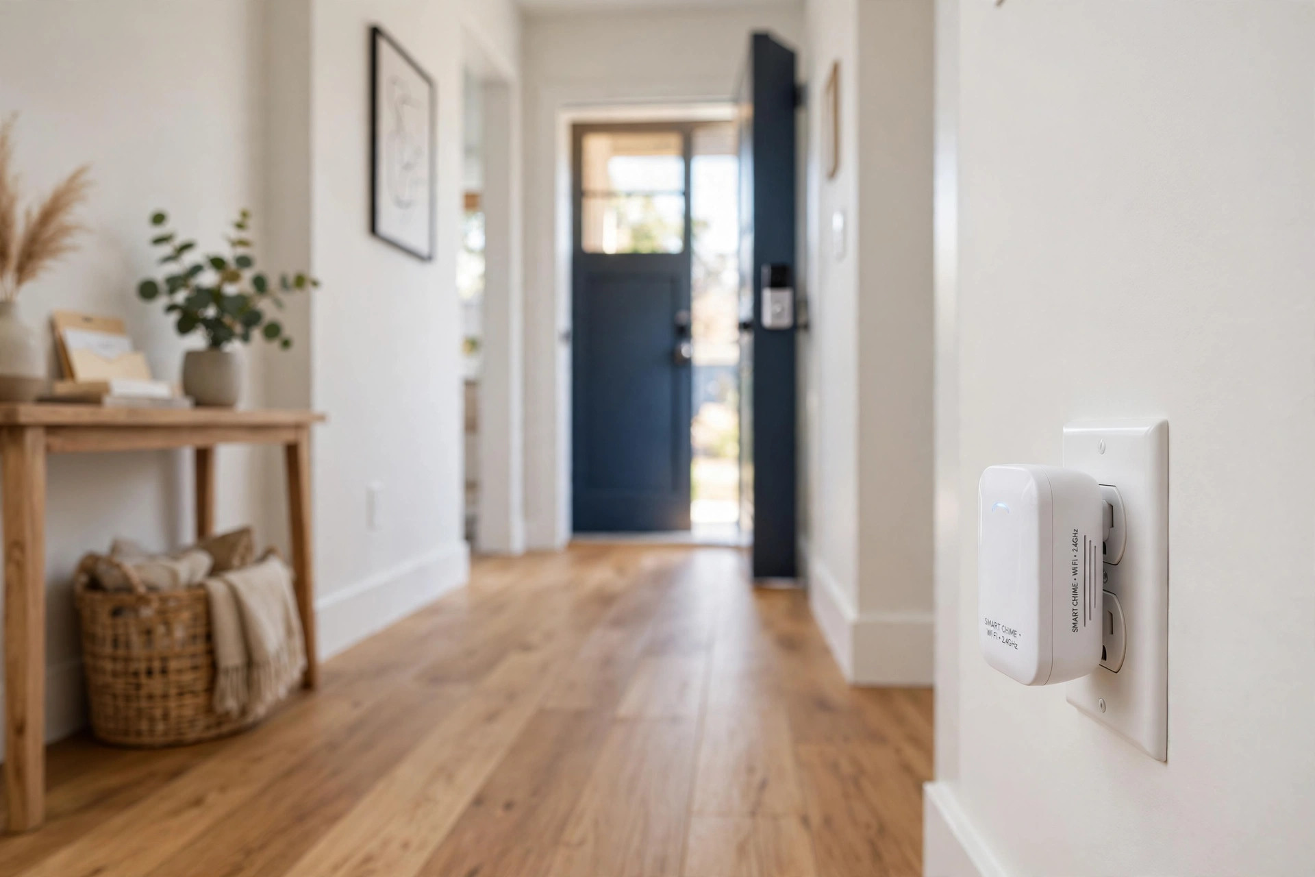 A white plug-in smart doorbell chime extender on a hallway wall in an American home, smart doorbell chime extender reviews usa
