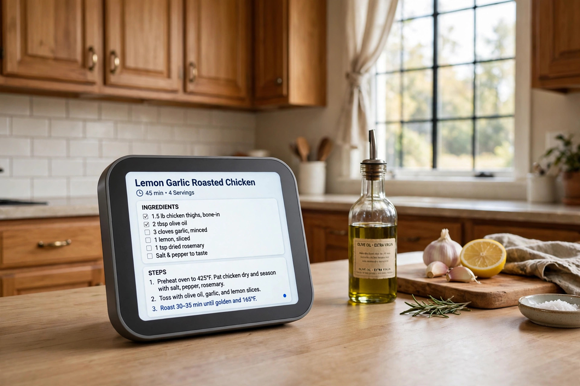 best smart display for kitchen counter usa: Smart display on a kitchen counter in an American home