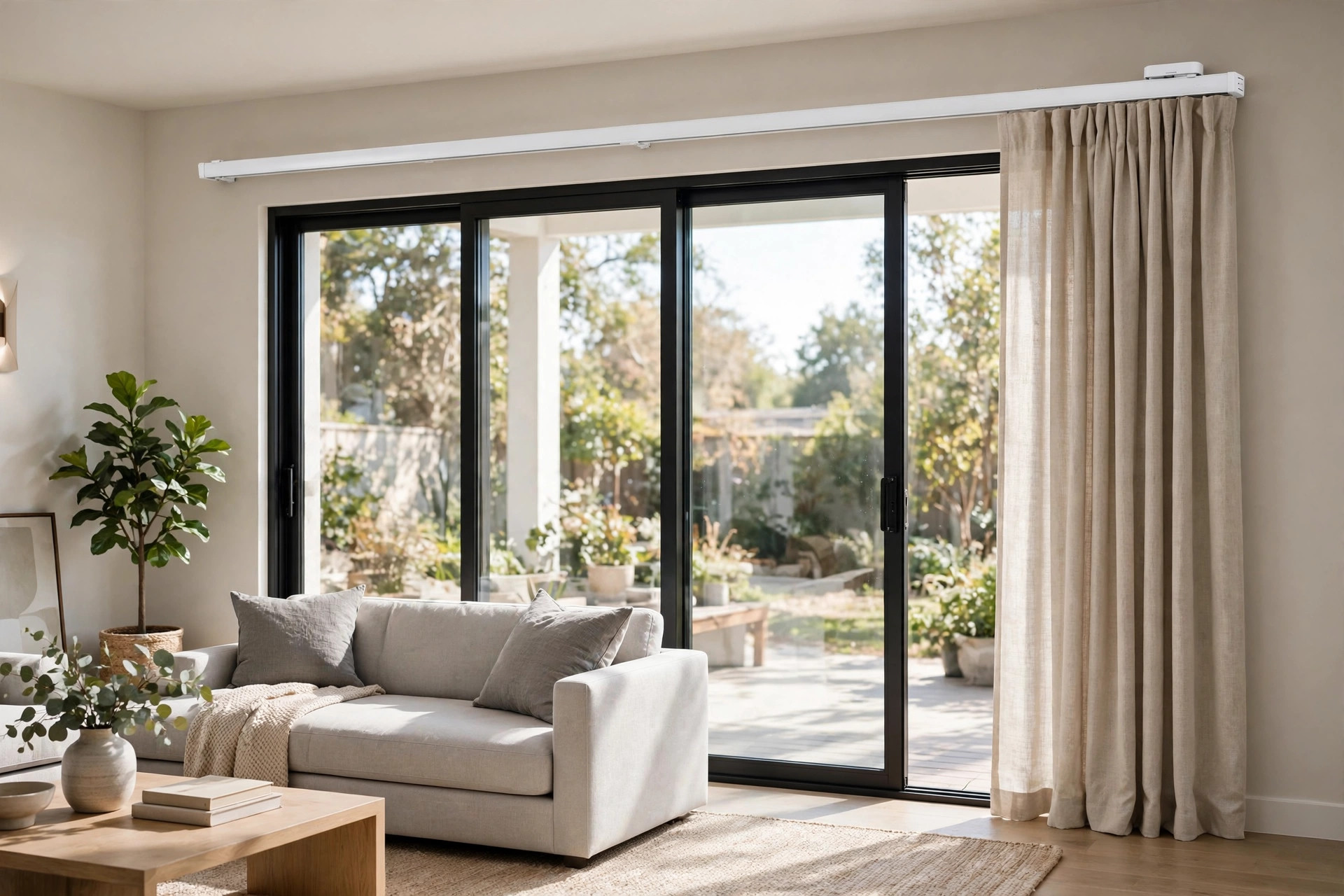 Smart curtain rod reviews for sliding doors — motorized rod above a sliding glass patio door
