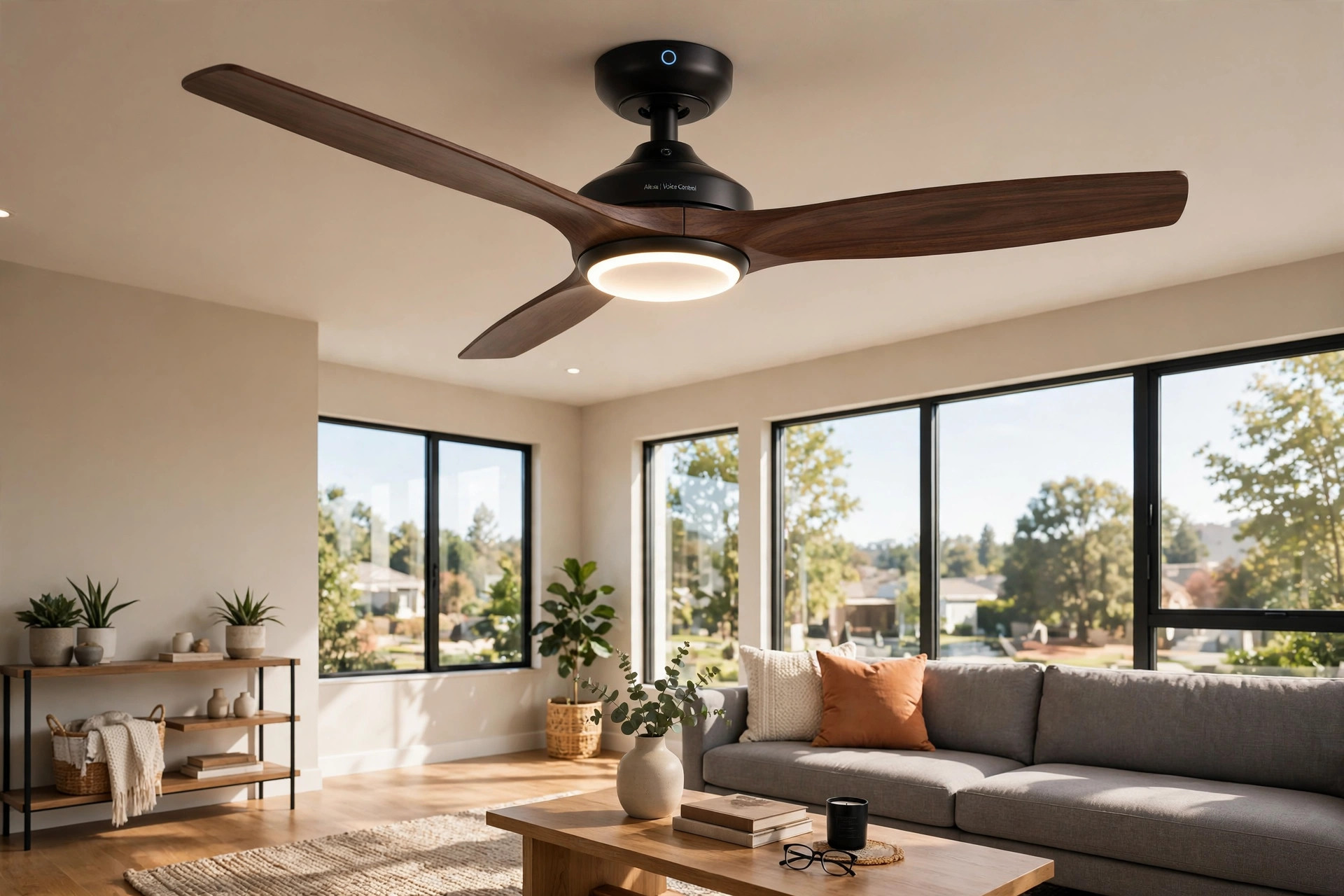 best smart ceiling fan with alexa usa: Best smart ceiling fan with Alexa installed in a bright American living room
