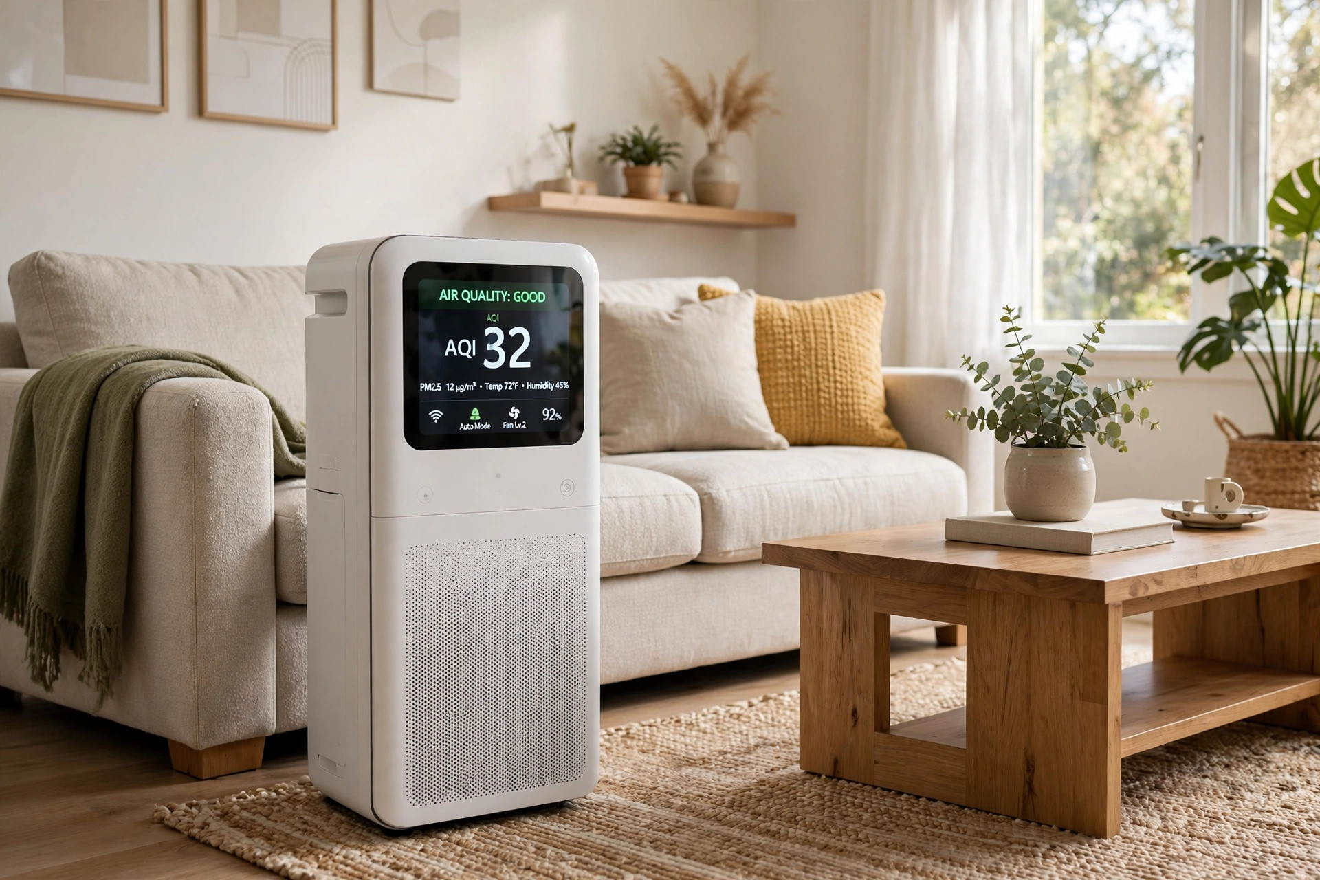 smart air purifier with app reviews 2026 usa: A smart air purifier with app in a real American living room