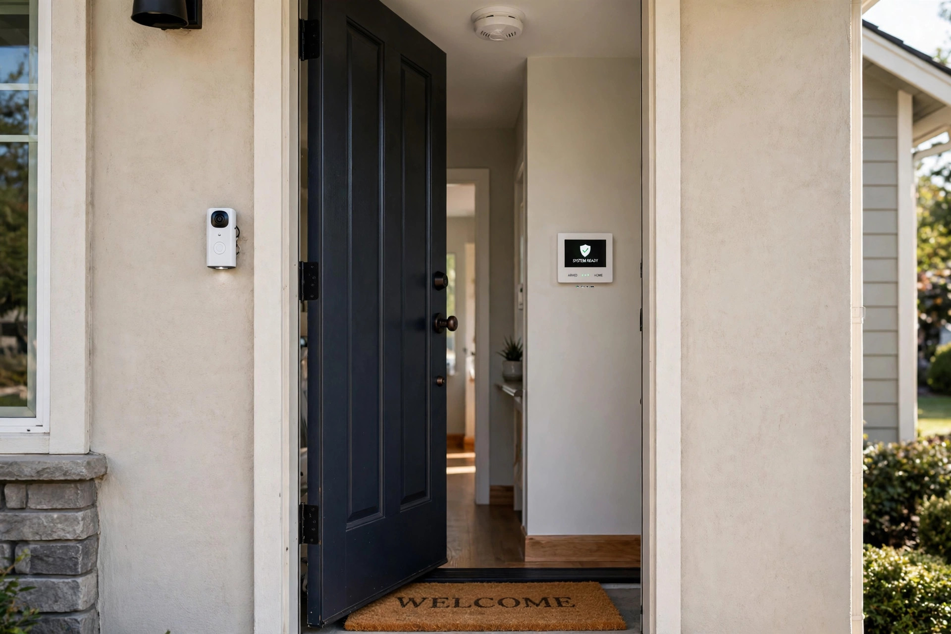 Smart home insurance discounts explained USA with a video doorbell and security devices on a house