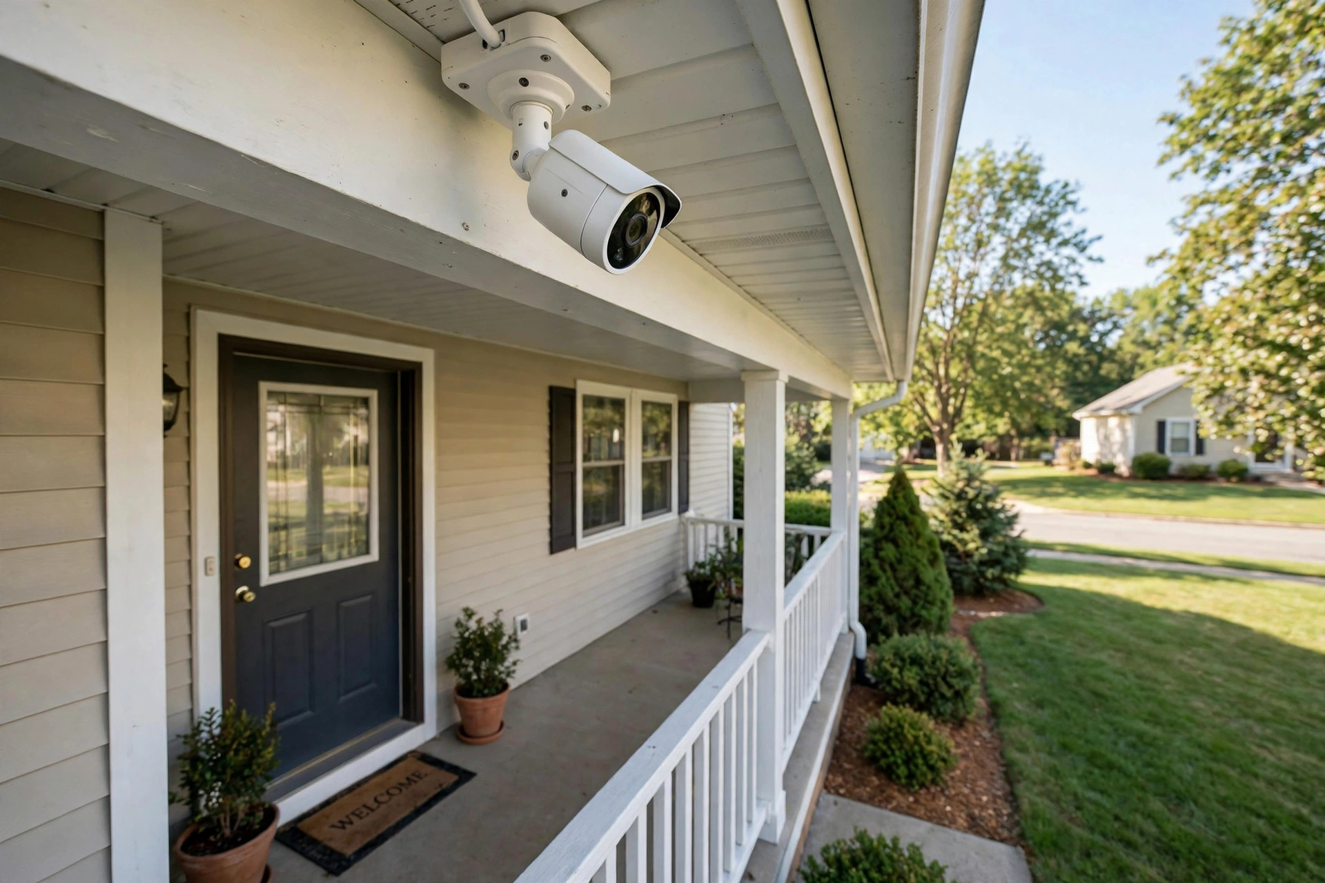 Security camera under the eave of an American home, topic of this do security cameras lower insurance usa guide